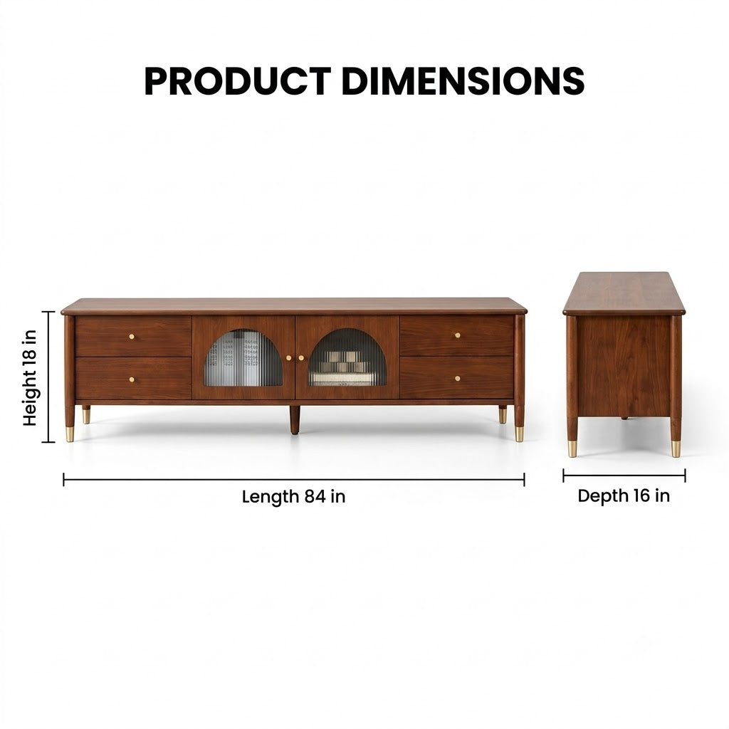 Modern Teak Wood TV Unit with 4 Drawers, Arched Glass Door Storage & Raised Legs for Living Room, Bedroom and Media Space
