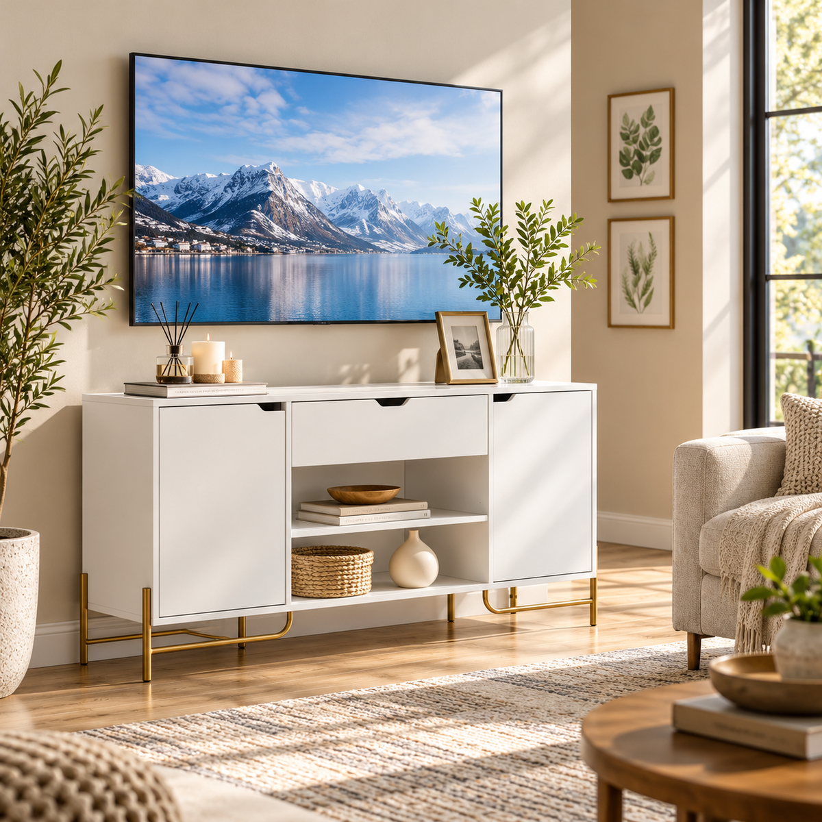 Modern Teak Wood TV Unit with Dual Cabinets, Centre Drawer & Open Shelves for Living Room, Bedroom, Lounge and Media Space