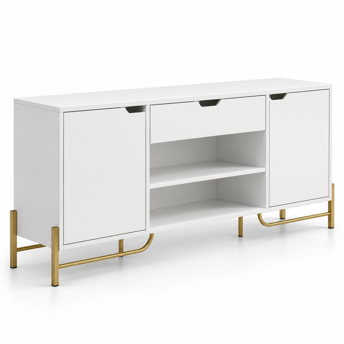 Modern Teak Wood TV Unit with Dual Cabinets, Centre Drawer & Open Shelves for Living Room, Bedroom, Lounge and Media Space