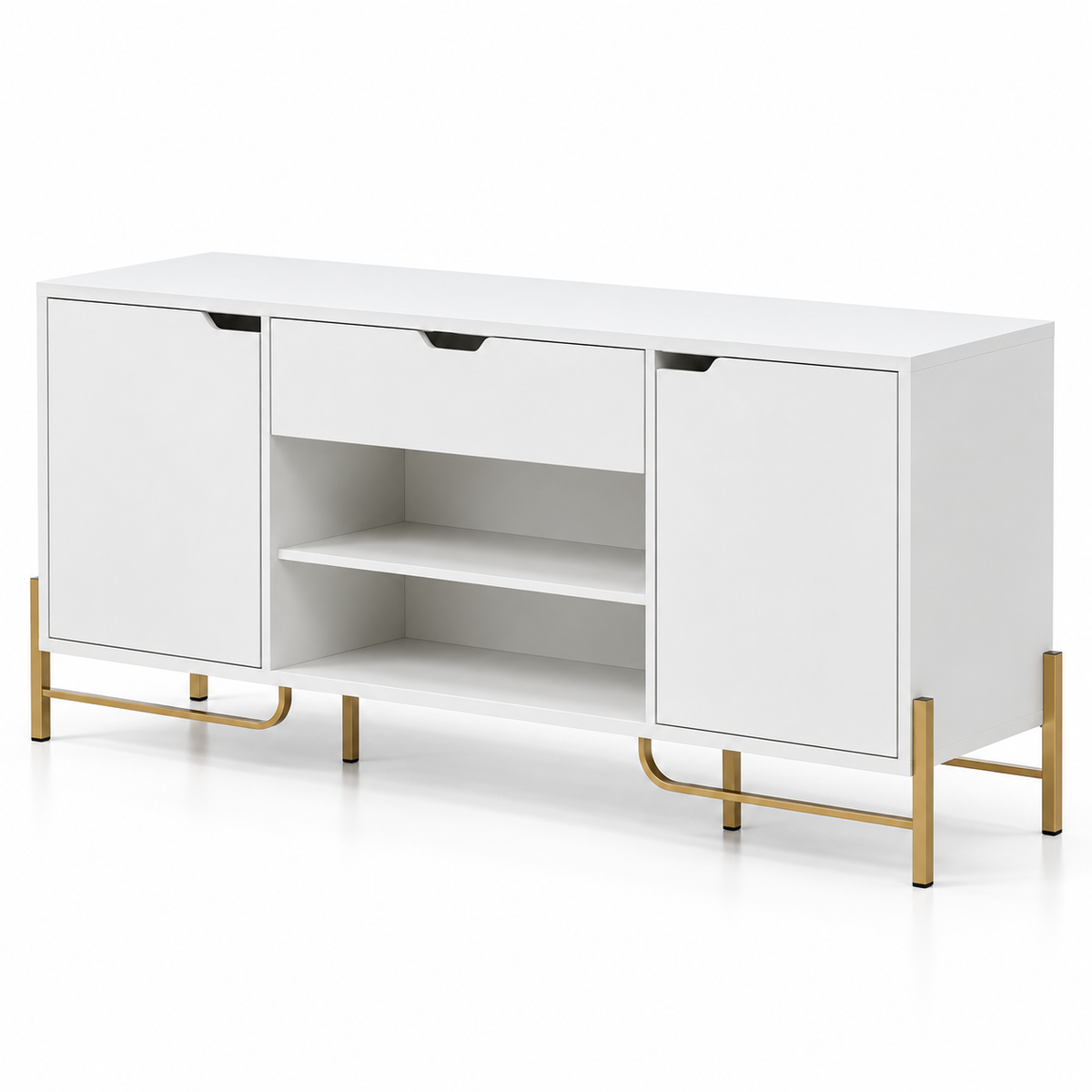 Modern Teak Wood TV Unit with Dual Cabinets, Centre Drawer & Open Shelves for Living Room, Bedroom, Lounge and Media Space