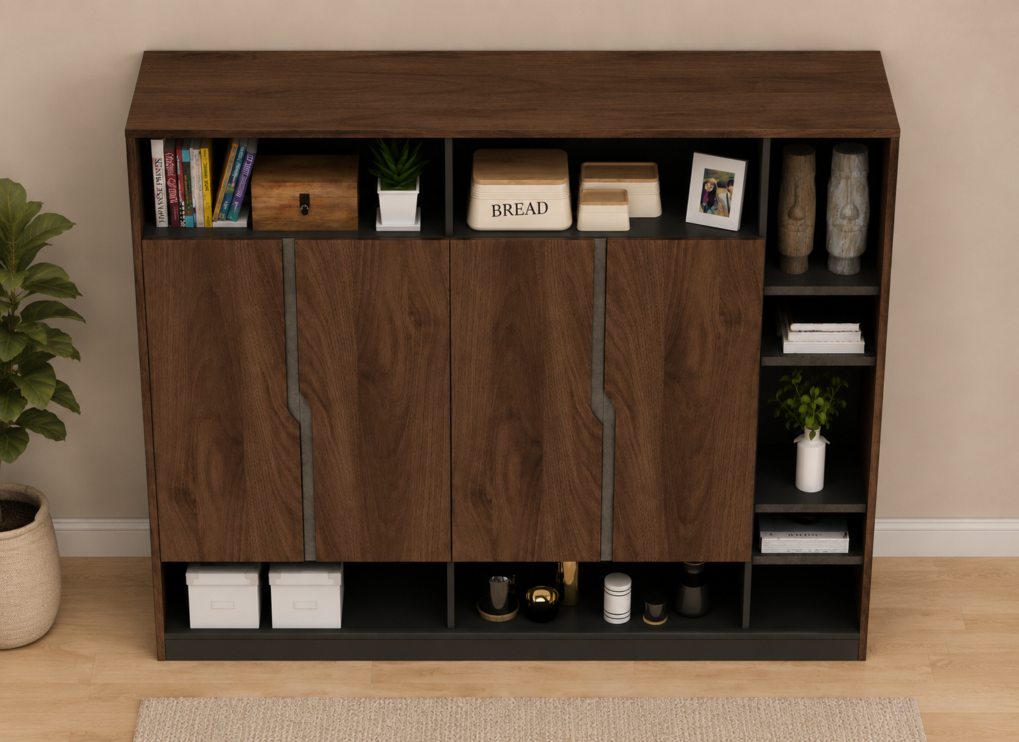 Wooden storage cabinet featuring open display shelves, concealed storage doors, and spacious compartments for organized and stylish home or office interiors.