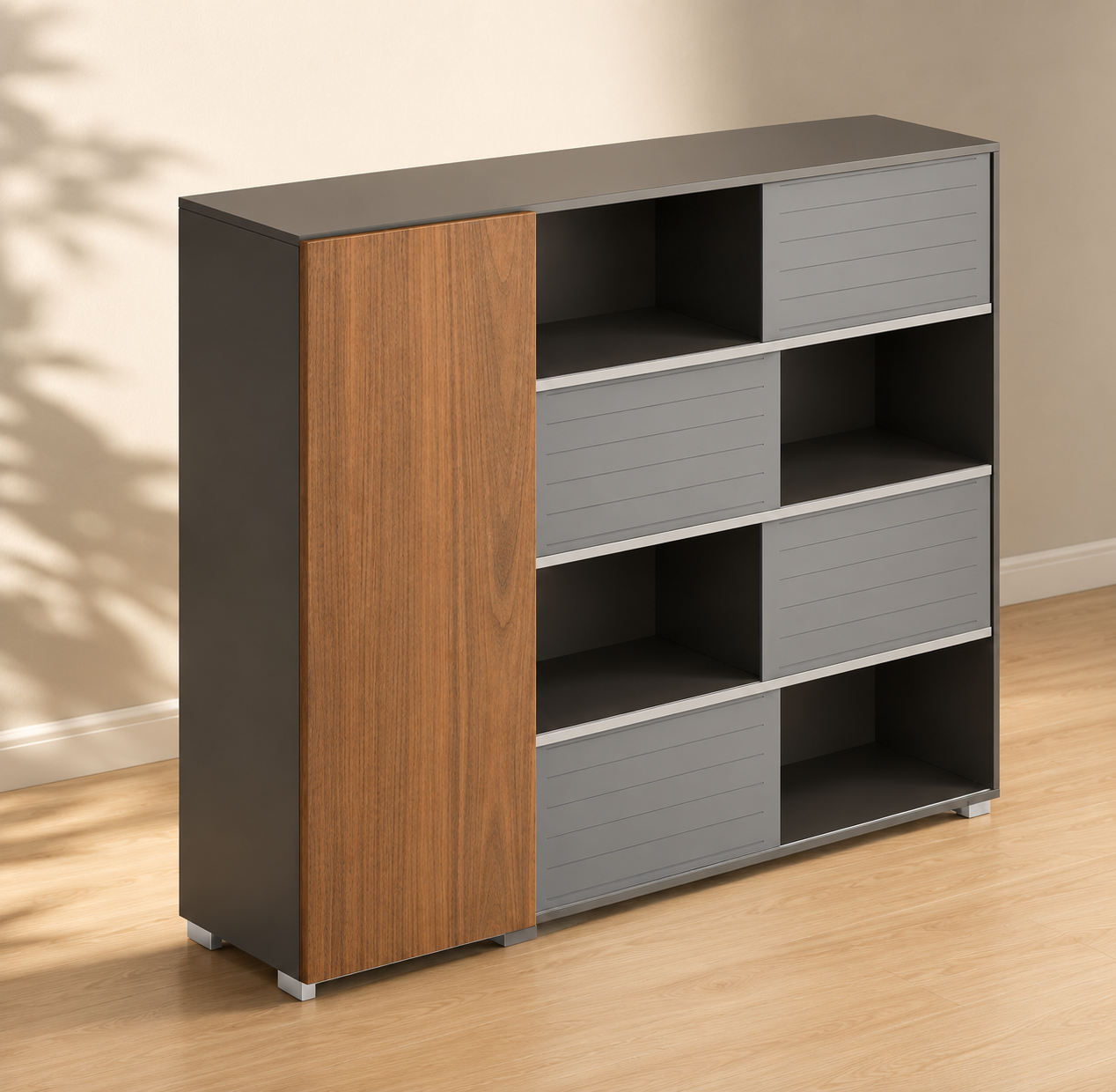 Cabinet with sliding shutter doors, open shelving, and spacious compartments designed for organized storage and stylish contemporary interiors.