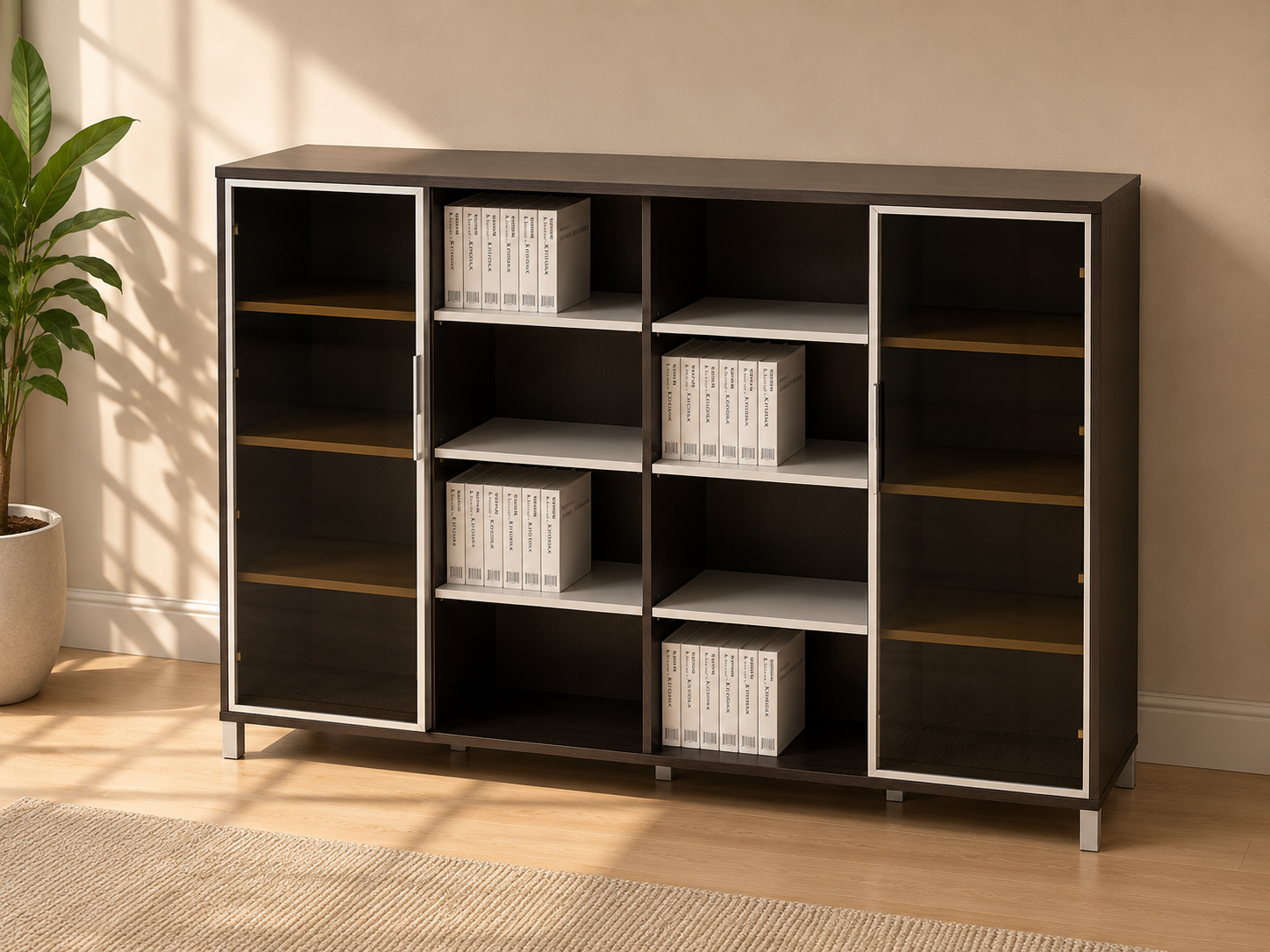 Modern storage cabinet featuring glass doors, open shelving, and spacious compartments for organized storage of books, files, décor, and office essentials.