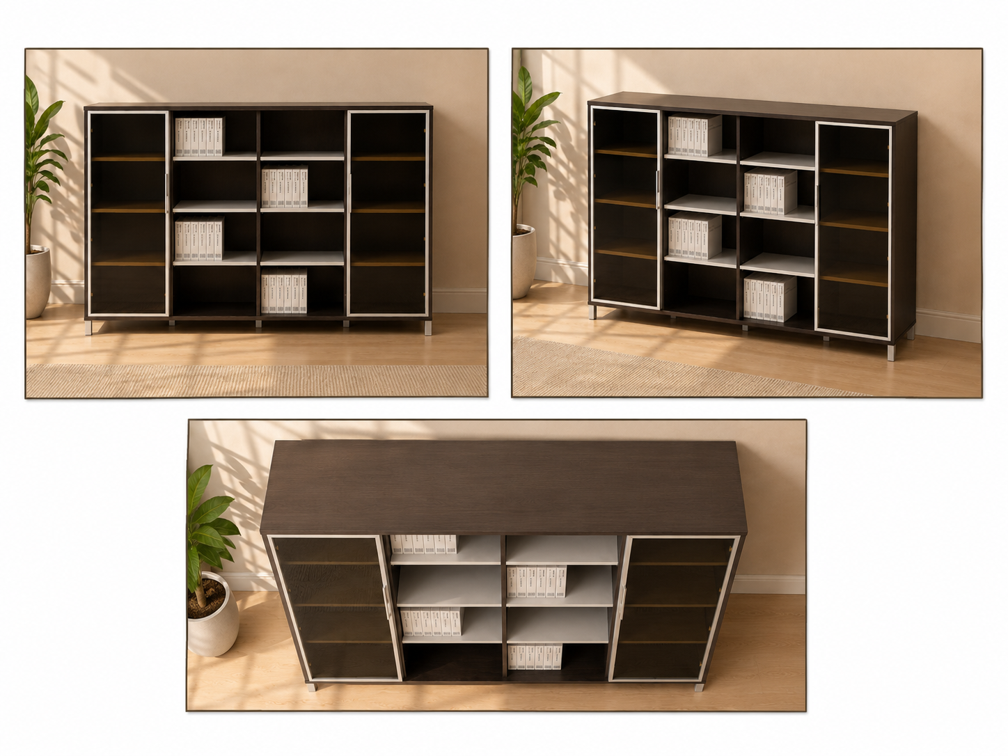 Modern storage cabinet featuring glass doors, open shelving, and spacious compartments for organized storage of books, files, décor, and office essentials.