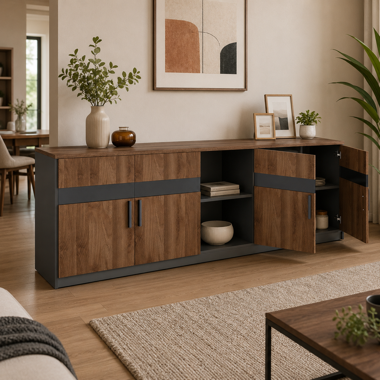 Multipurpose Sideboard Storage Cabinet for Living Room, Dining Room & Hallway with Spacious Shelving and Contemporary Organizer