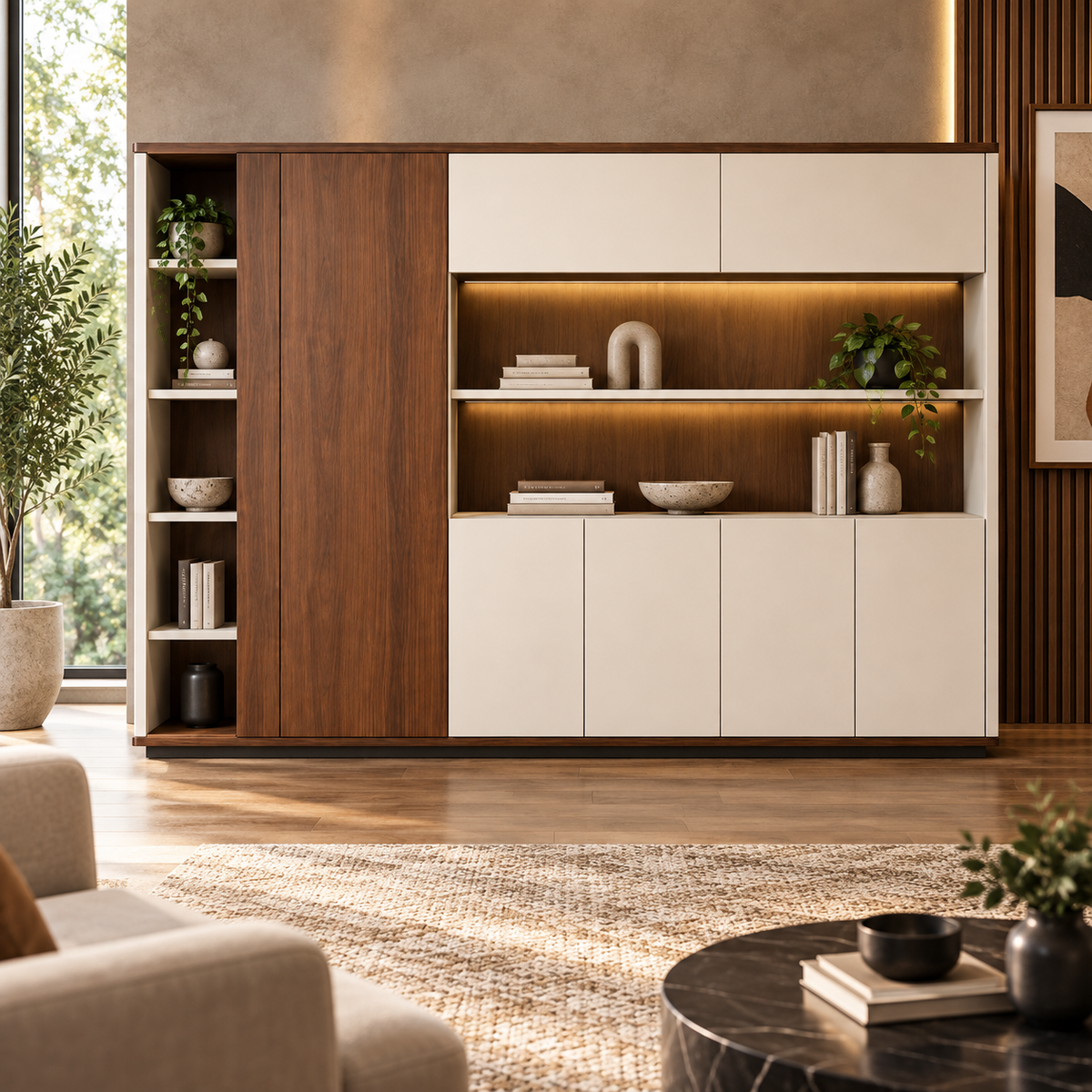 Executive Office Storage Cabinet with Wardrobe, Open Display Shelves, Closed Cabinets and File Storage for Books, Documents