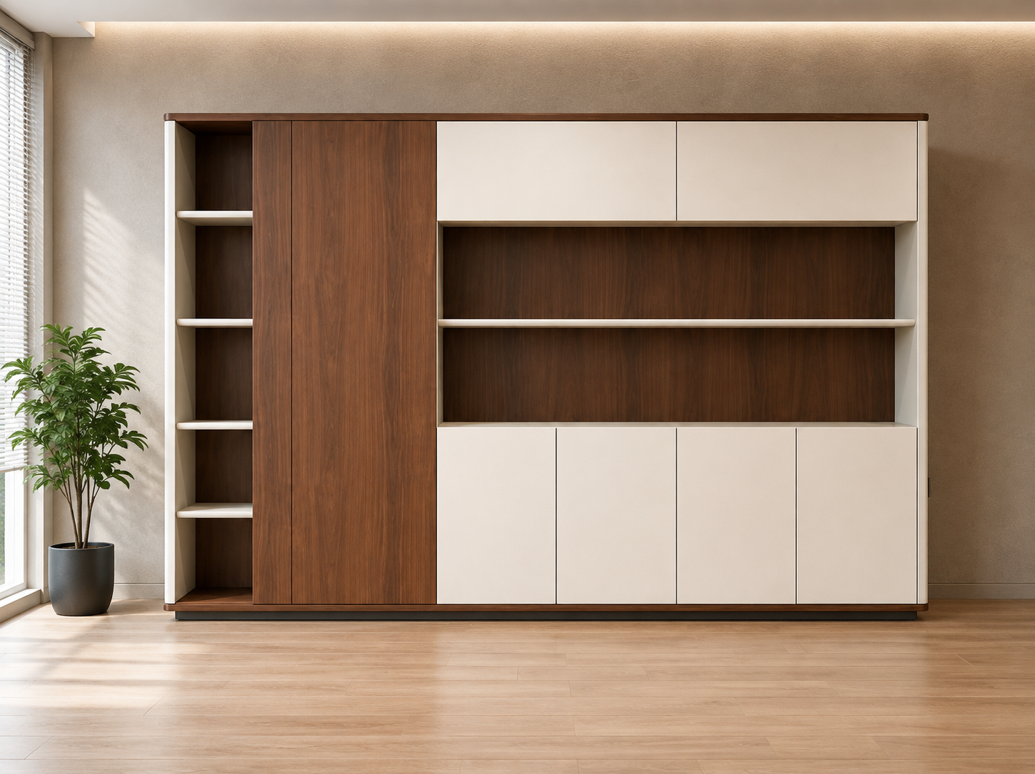 Executive Office Storage Cabinet with Wardrobe, Open Display Shelves, Closed Cabinets and File Storage for Books, Documents
