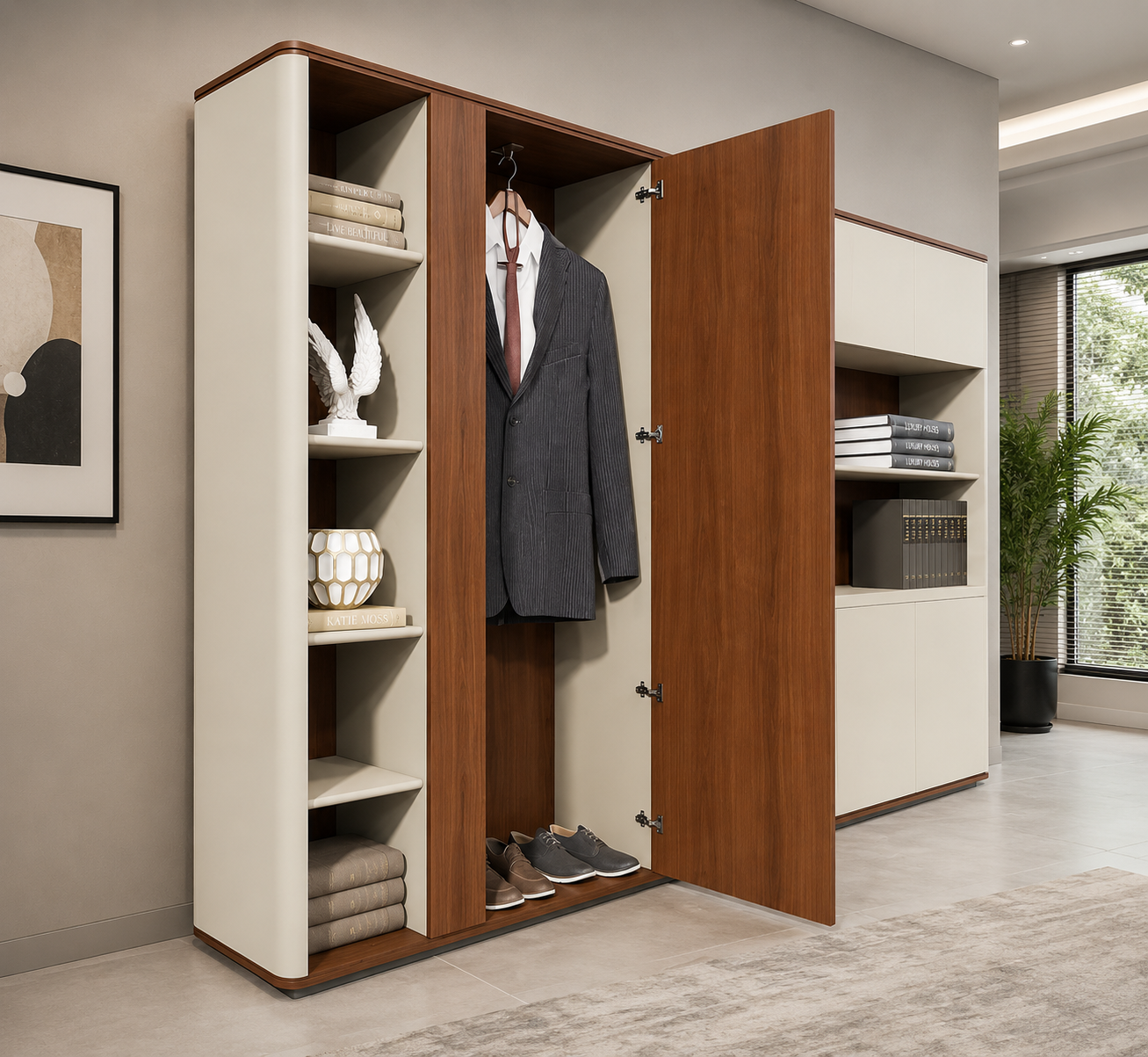 Executive Office Storage Cabinet with Wardrobe, Open Display Shelves, Closed Cabinets and File Storage for Books, Documents