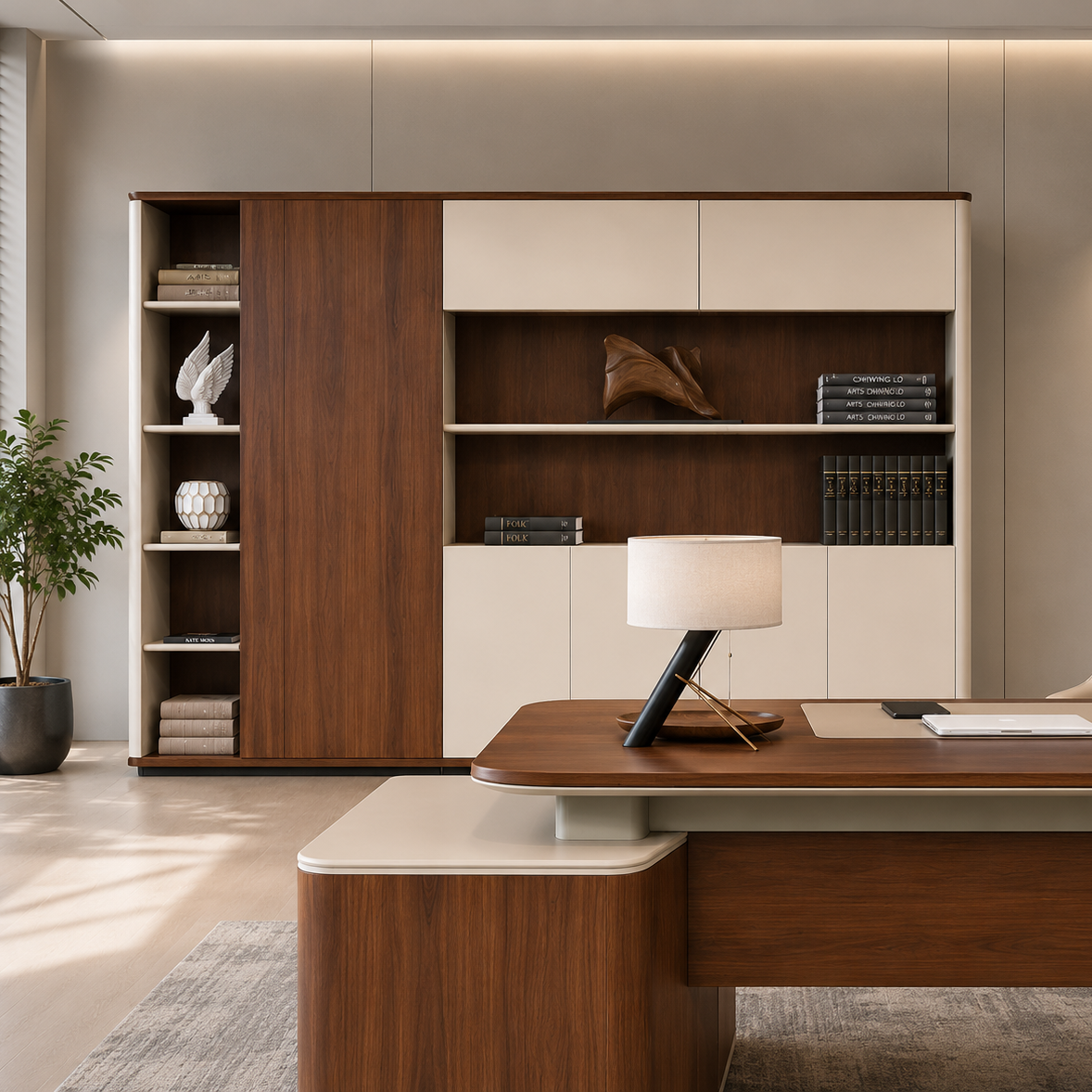 Executive Office Storage Cabinet with Wardrobe, Open Display Shelves, Closed Cabinets and File Storage for Books, Documents