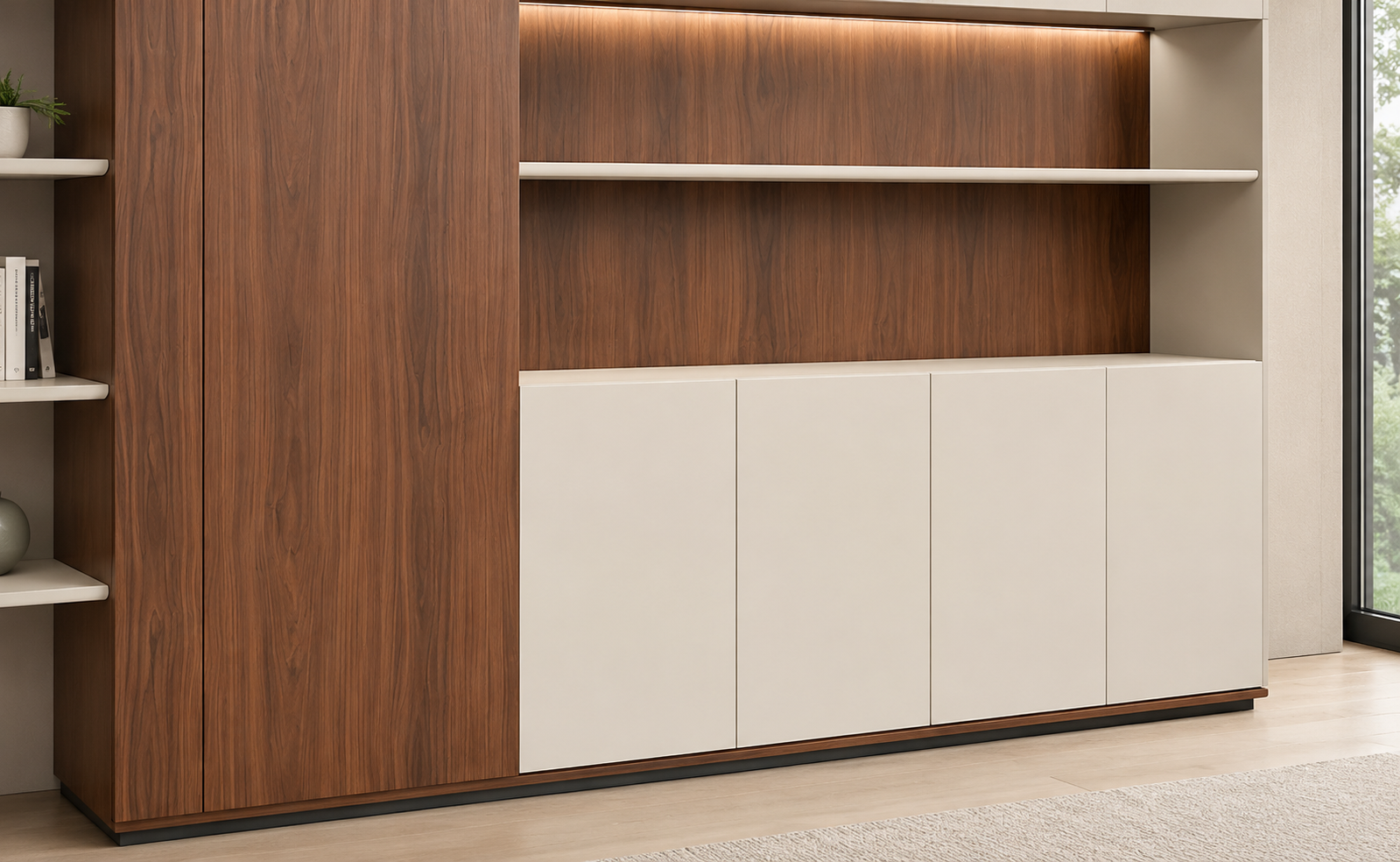 Executive Office Storage Cabinet with Wardrobe, Open Display Shelves, Closed Cabinets and File Storage for Books, Documents
