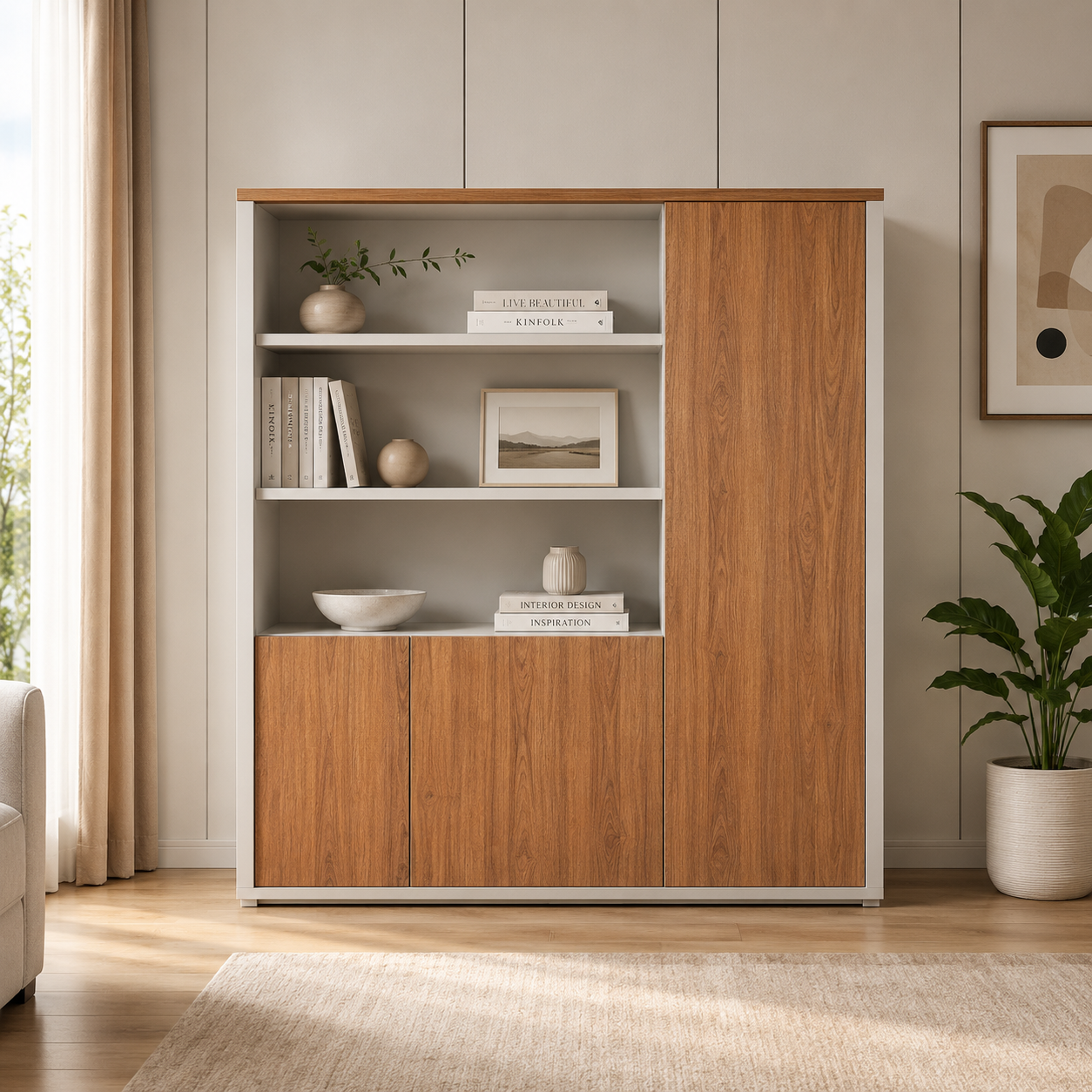 Lakdi Modern Office Storage & Display Cabinet with Open Shelves and Closed Storage for Executive Workspace Interiors