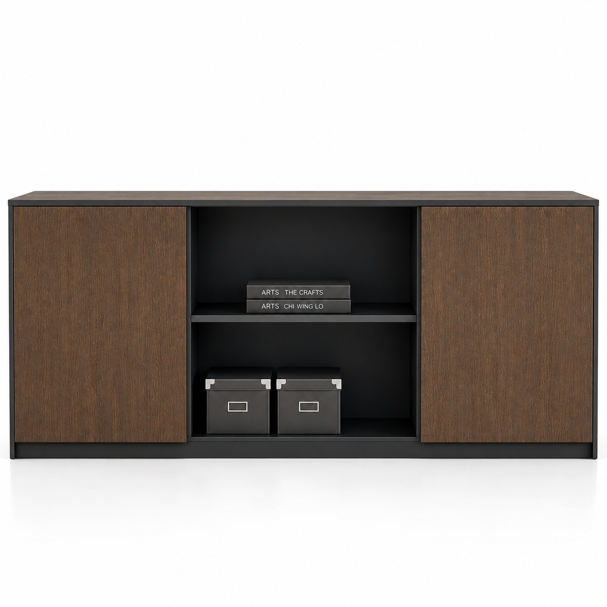 Office Side Storage Cabinet with Open Shelves and 2 Door File Storage, Wooden Display Organizer for Books, Documents, Office Supplies and Modern Workspace Use