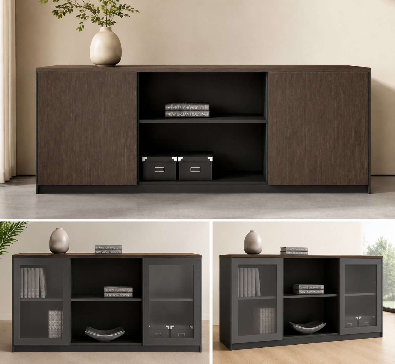 Office Side Storage Cabinet with Open Shelves and 2 Door File Storage, Wooden Display Organizer for Books, Documents, Office Supplies and Modern Workspace Use