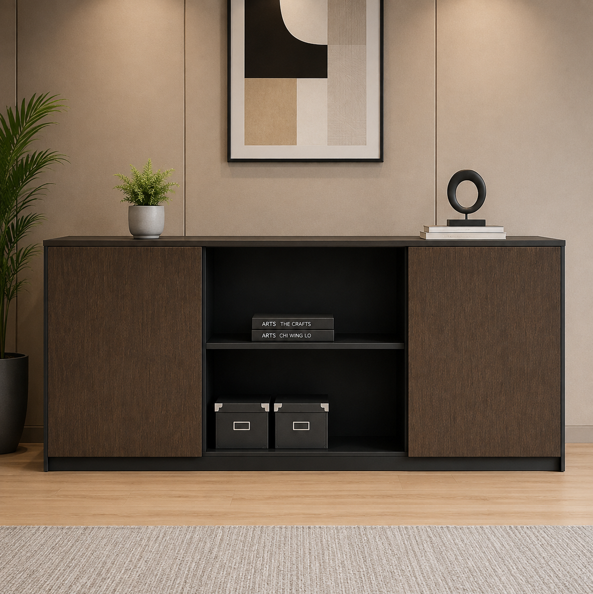 Office Side Storage Cabinet with Open Shelves and 2 Door File Storage, Wooden Display Organizer for Books, Documents, Office Supplies and Modern Workspace Use