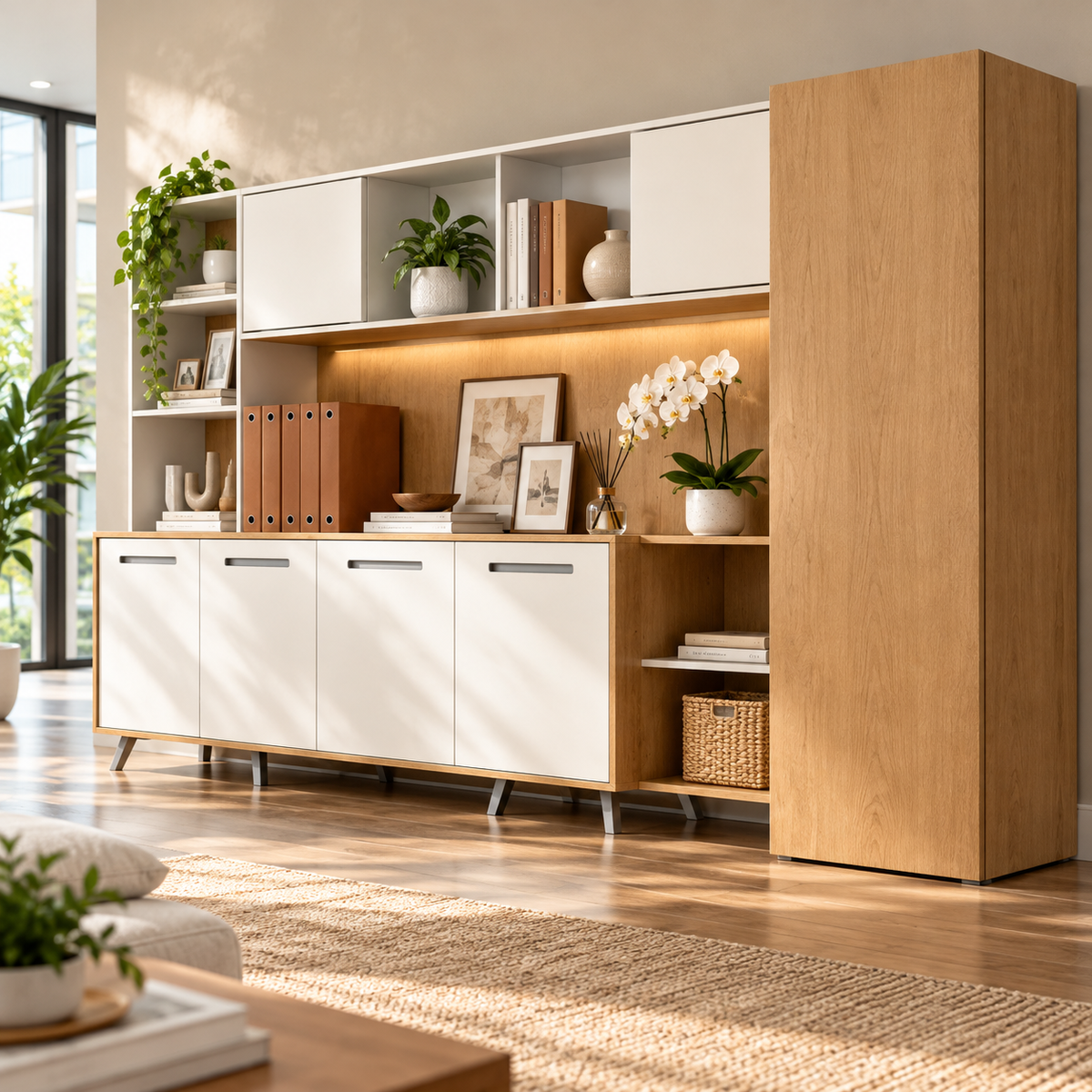 Modern MDF Office Storage Cabinet with Overhead Shelves, 4 Door Base Unit & Tall Side Cabinet for Workspace, Study and Home Office