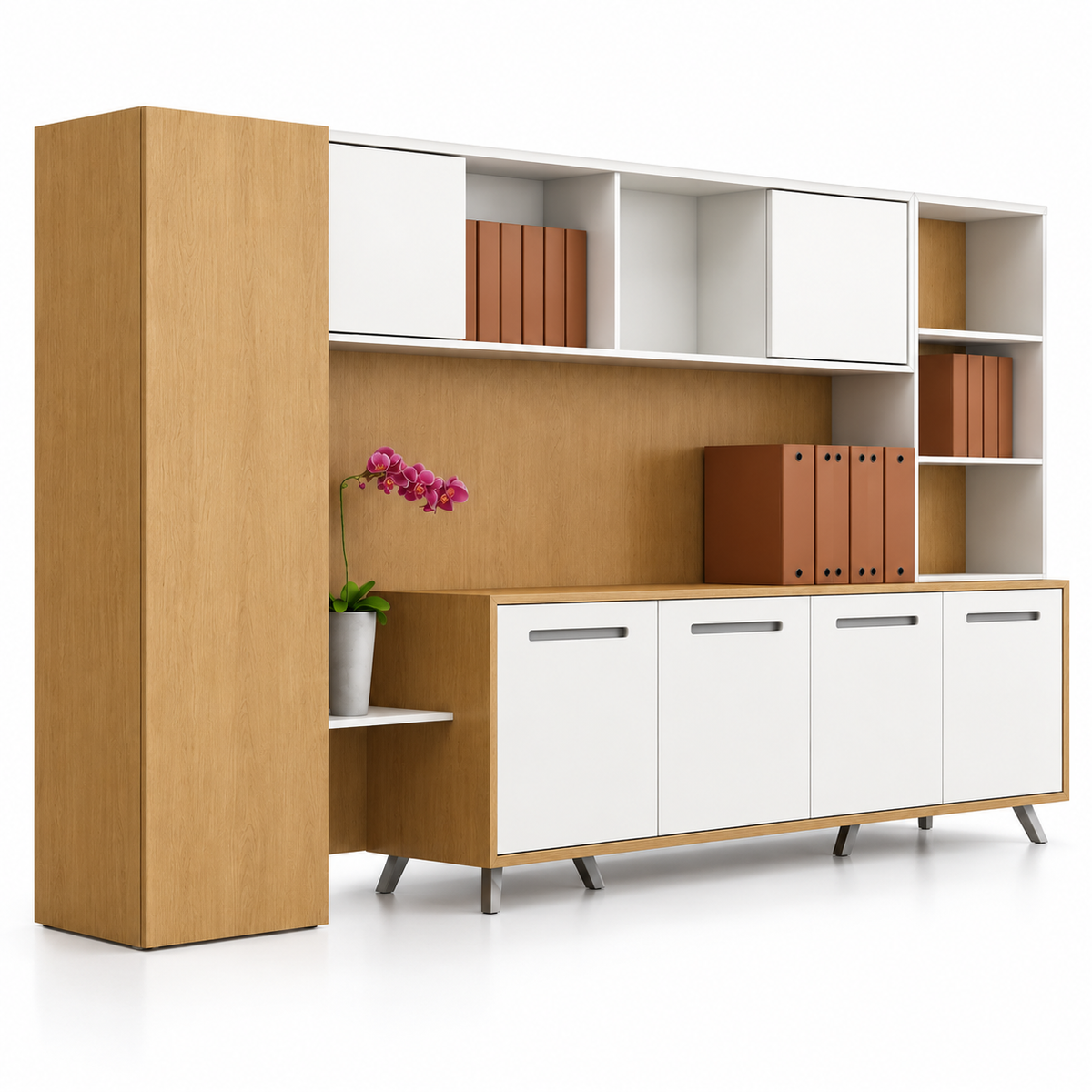 Modern MDF Office Storage Cabinet with Overhead Shelves, 4 Door Base Unit & Tall Side Cabinet for Workspace, Study and Home Office