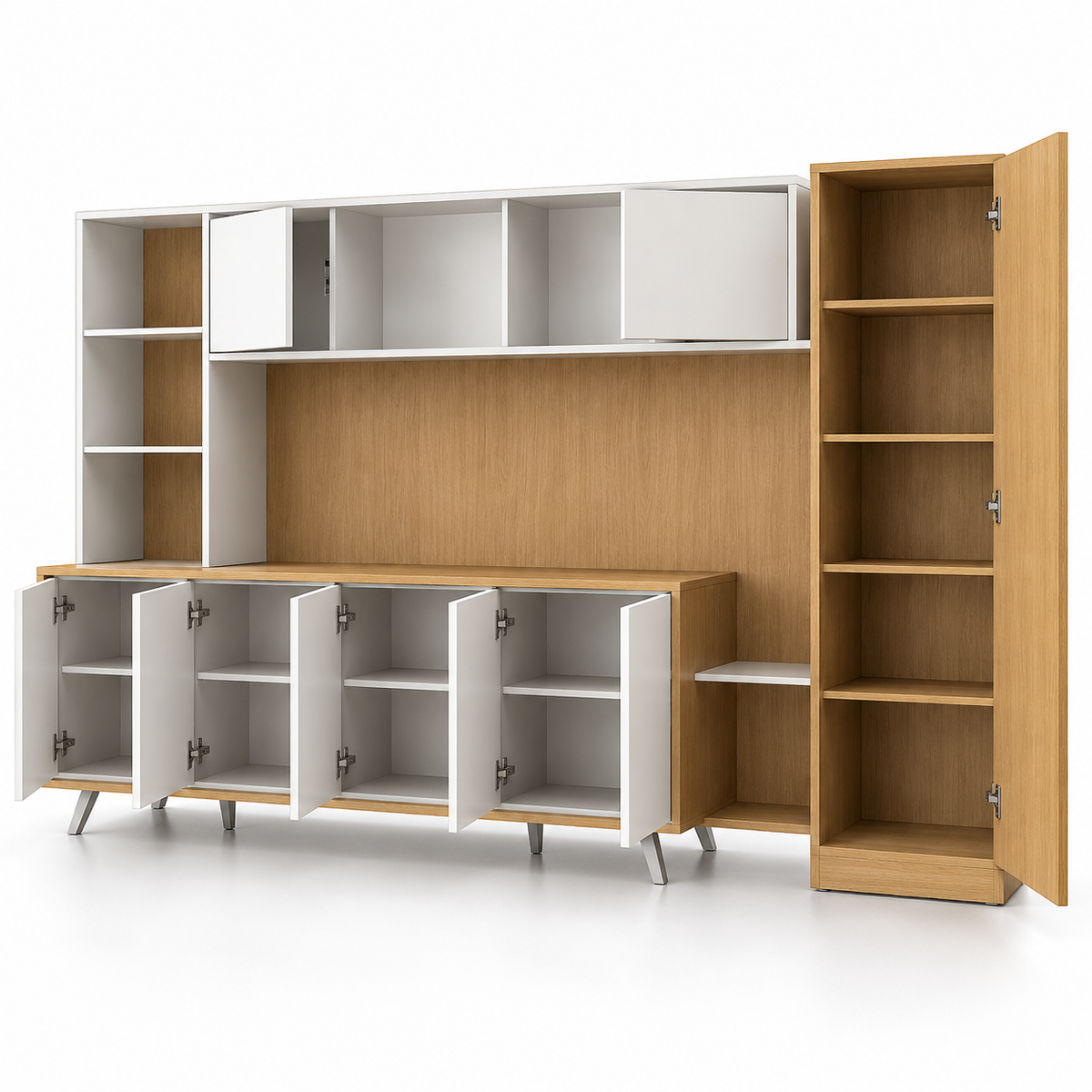 Modern MDF Office Storage Cabinet with Overhead Shelves, 4 Door Base Unit & Tall Side Cabinet for Workspace, Study and Home Office