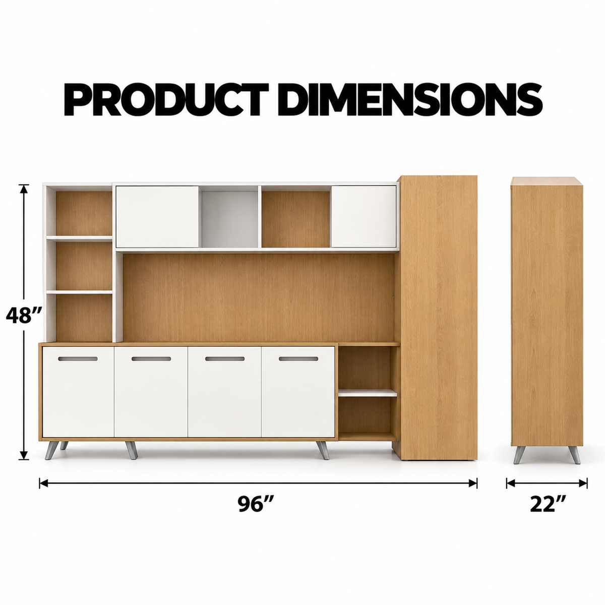 Modern MDF Office Storage Cabinet with Overhead Shelves, 4 Door Base Unit & Tall Side Cabinet for Workspace, Study and Home Office