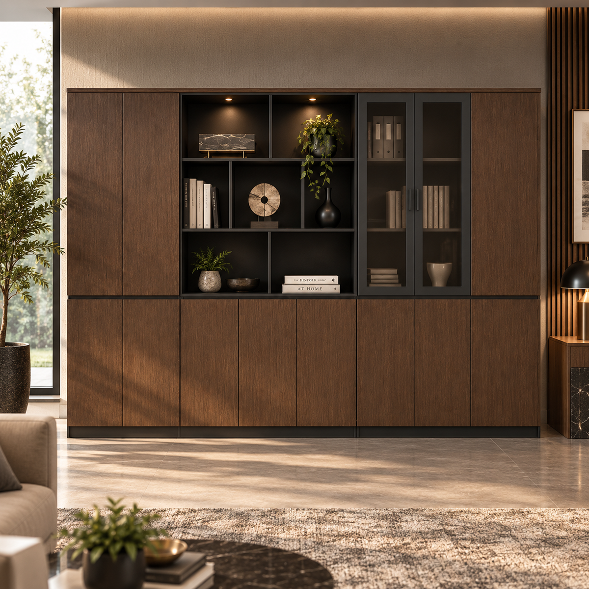 Office Storage Cabinet with Glass Display Doors, Open Shelves, Wooden File Organizer and Large Office Bookcase for Documents &amp; Workspace
