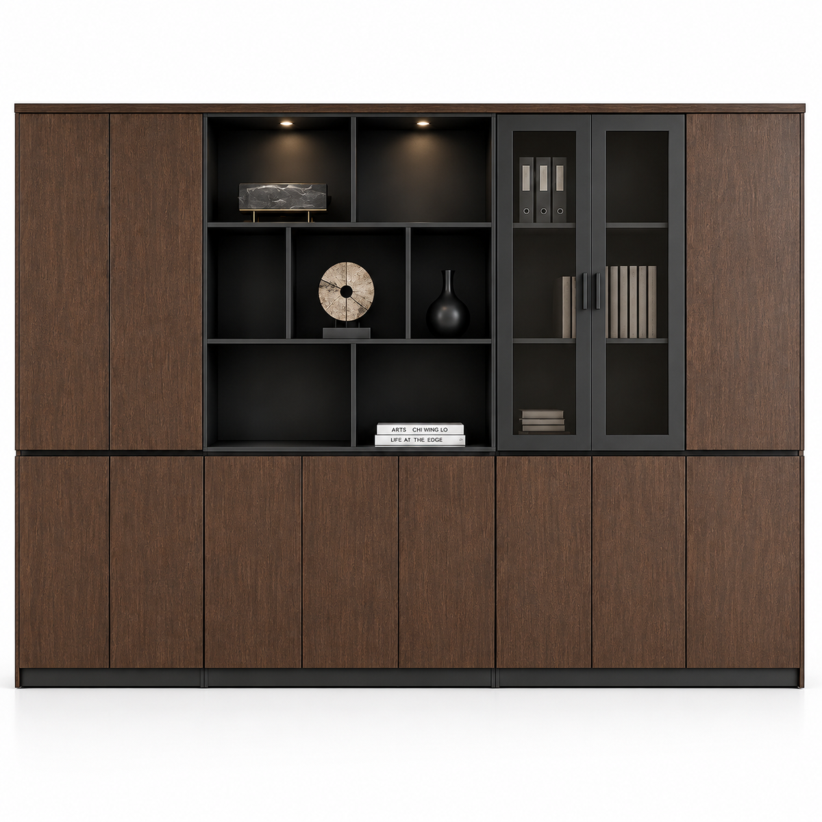 Office Storage Cabinet with Glass Display Doors, Open Shelves, Wooden File Organizer and Large Office Bookcase for Documents &amp; Workspace
