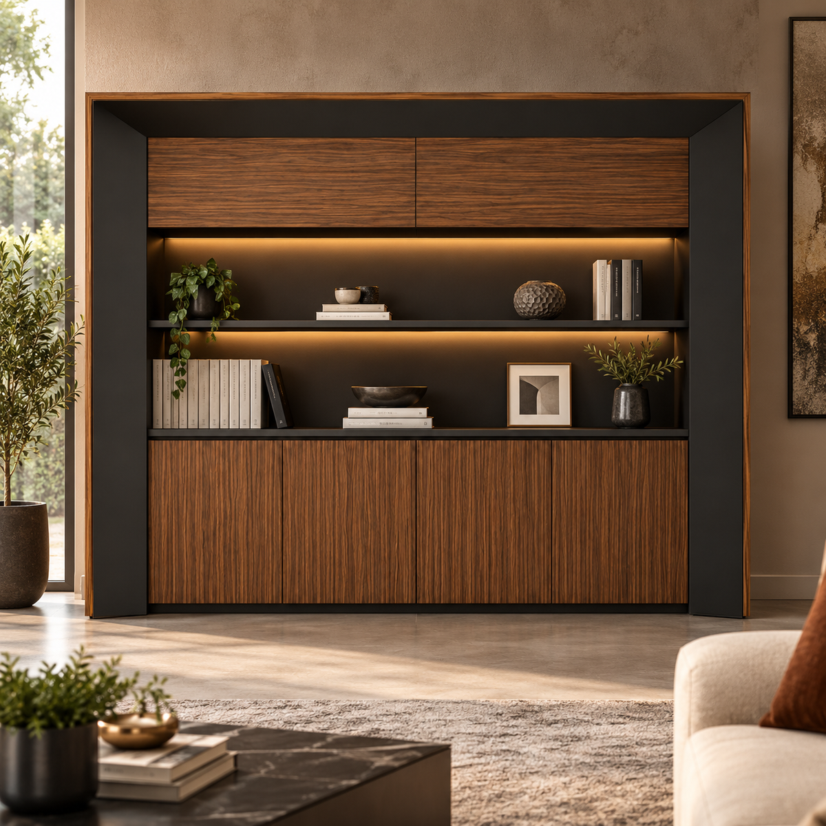 Office Back Unit Cabinet with Wardrobe, 2 Lift-Up Doors, Open Display Shelves &amp; 4 Door Storage Cabinet for Modern Office Workspace Furniture