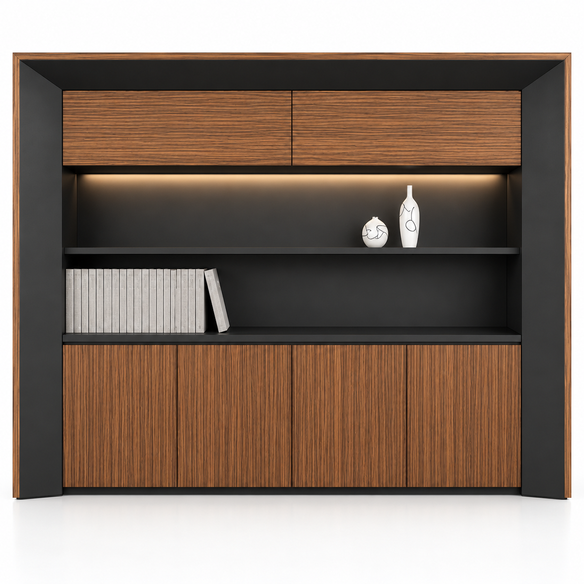 Office Back Unit Cabinet with Wardrobe, 2 Lift-Up Doors, Open Display Shelves &amp; 4 Door Storage Cabinet for Modern Office Workspace Furniture