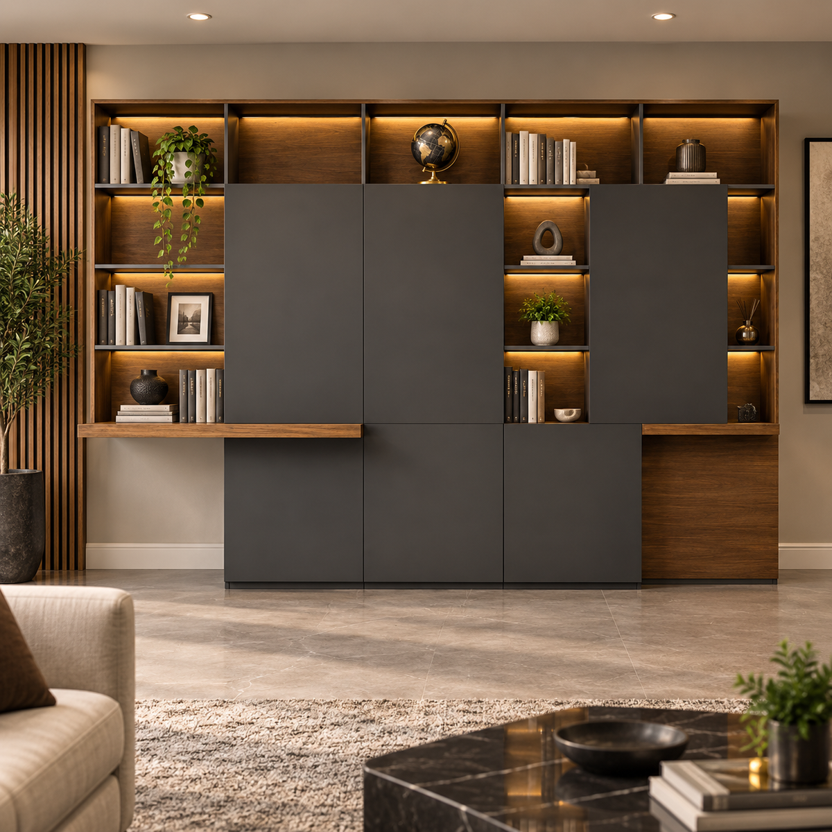 Back Unit with Open Display Shelves, Concealed Storage Cabinets &amp; Full-Wall Workspace Organization