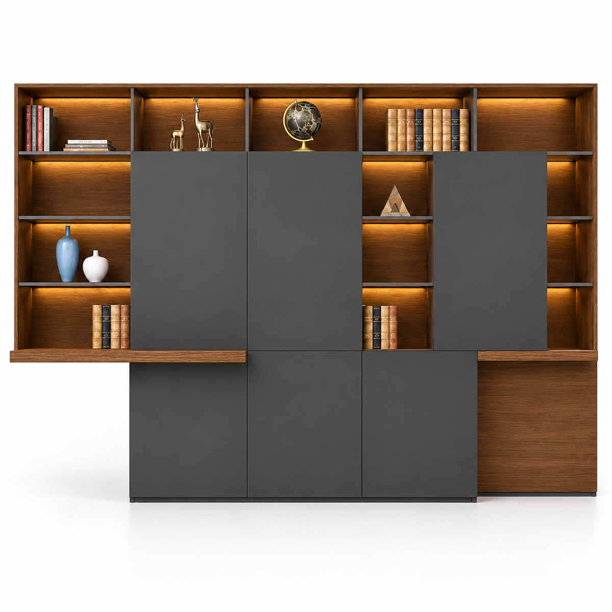 Back Unit with Open Display Shelves, Concealed Storage Cabinets &amp; Full-Wall Workspace Organization