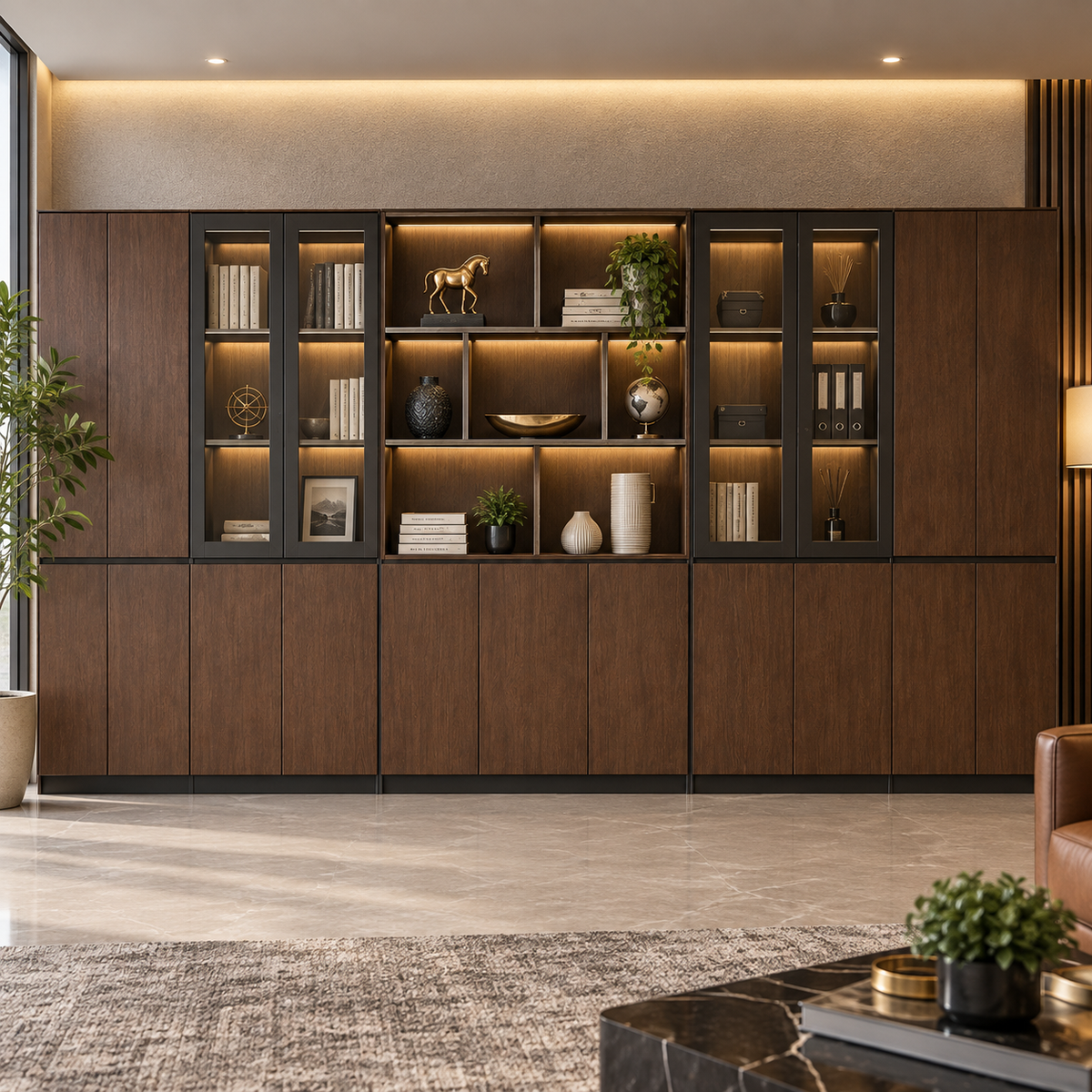 Executive Office Back Unit with Glass Display Cabinets, Open Niches And Concealed Storage