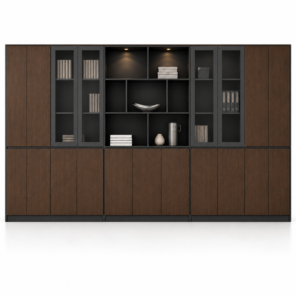 Executive Office Back Unit with Glass Display Cabinets, Open Niches And Concealed Storage