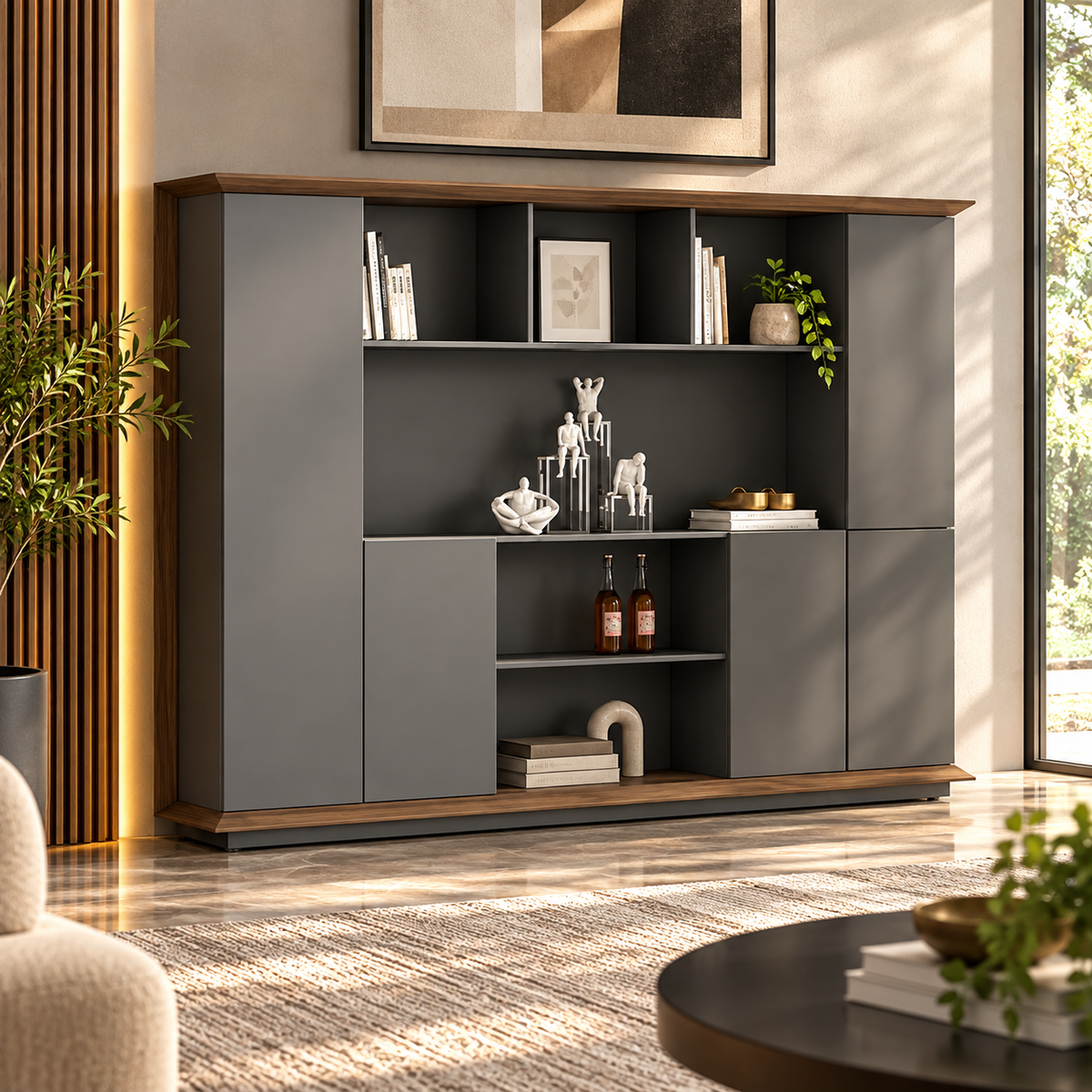 Modern MDF Office Storage Cabinet with Tall Side Doors, Open Display Shelves & Lower Cabinets for Office, Study and Workspace