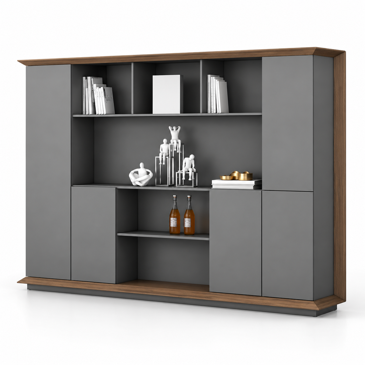 Modern MDF Office Storage Cabinet with Tall Side Doors, Open Display Shelves & Lower Cabinets for Office, Study and Workspace
