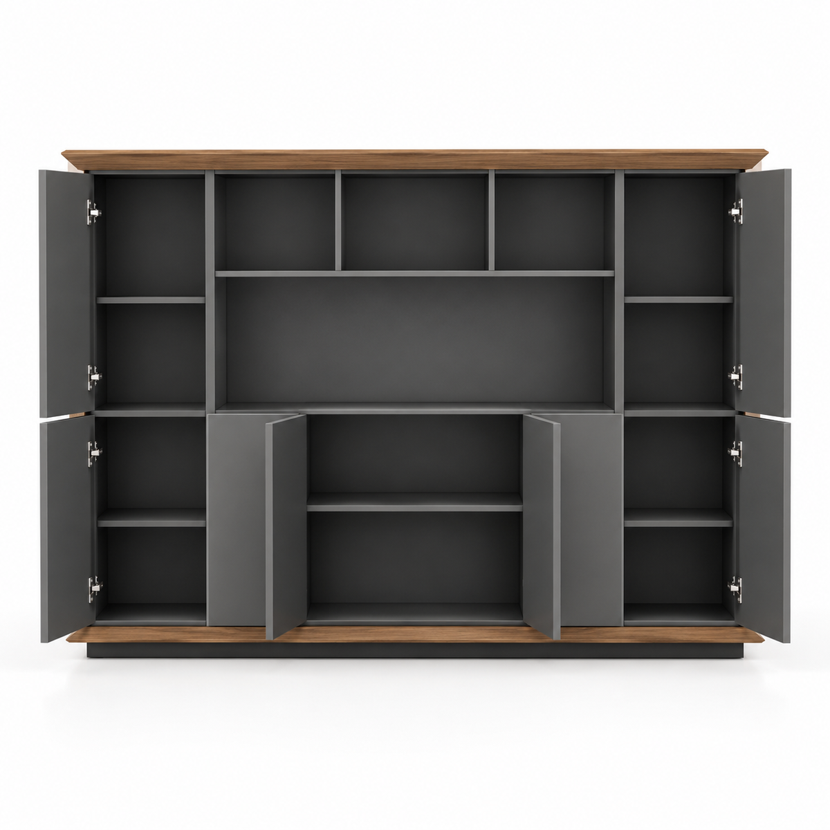 Modern MDF Office Storage Cabinet with Tall Side Doors, Open Display Shelves & Lower Cabinets for Office, Study and Workspace