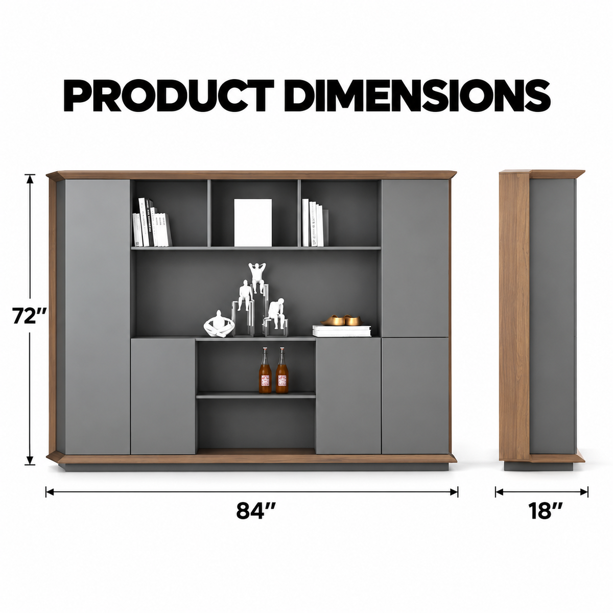Modern MDF Office Storage Cabinet with Tall Side Doors, Open Display Shelves & Lower Cabinets for Office, Study and Workspace