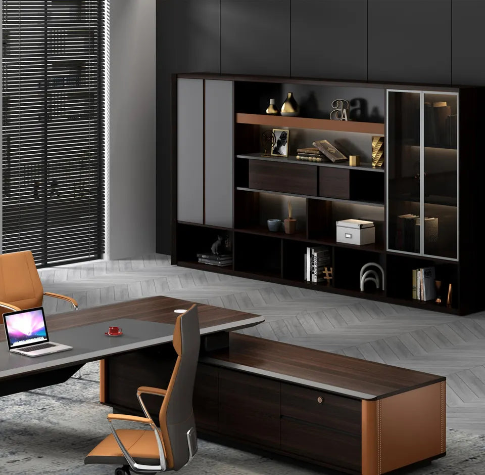 Executive Wall Storage System with Multi-Tier Open Display Shelving, and Tinted Glass Showcase in Premium Dark Walnut and Matte Grey MDF