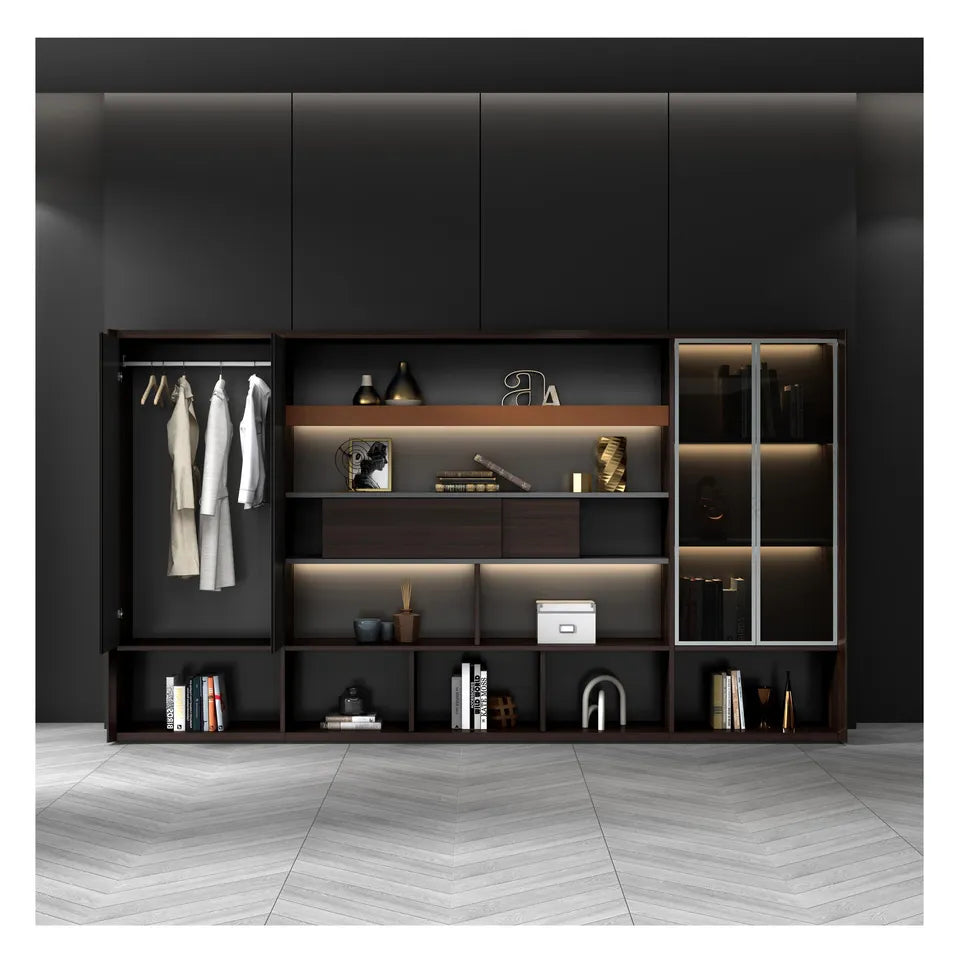 Executive Wall Storage System with Multi-Tier Open Display Shelving, and Tinted Glass Showcase in Premium Dark Walnut and Matte Grey MDF