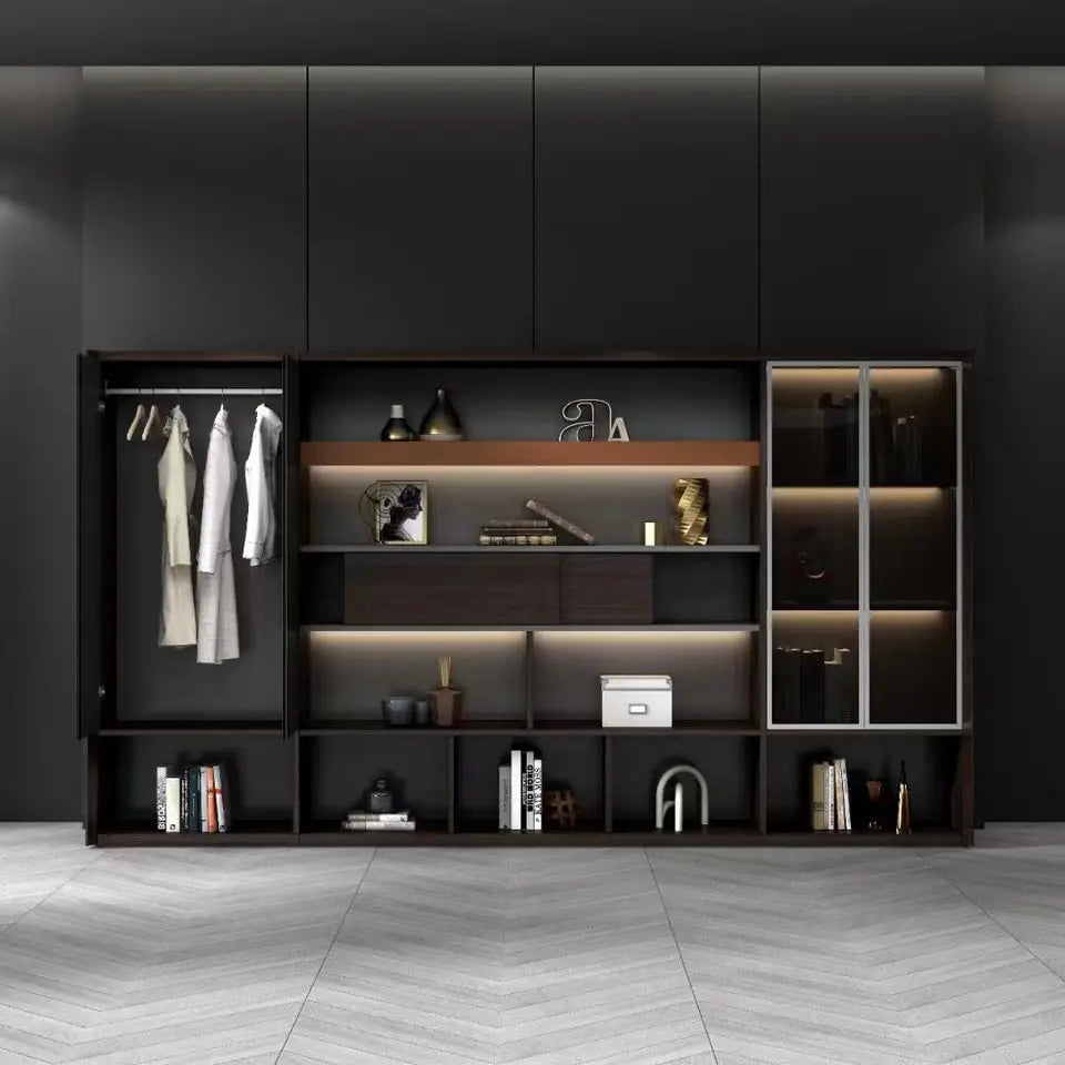 Executive Wall Storage System with Multi-Tier Open Display Shelving, and Tinted Glass Showcase in Premium Dark Walnut and Matte Grey MDF