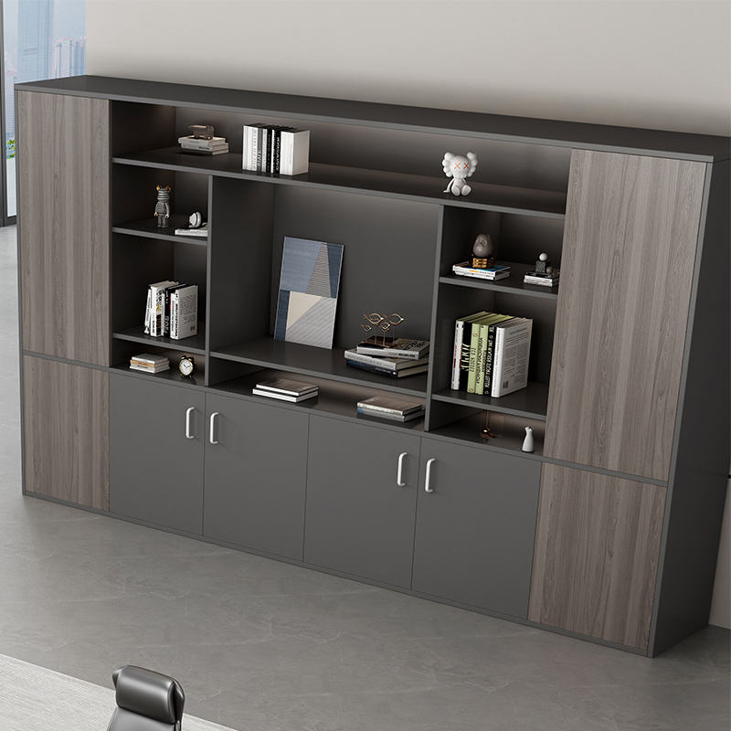Grand Executive Wall Cabinet with Open Doors Storage, with Multi-Tier Bookshelf, and High-Capacity Office Bin Storage in Premium Particle Board