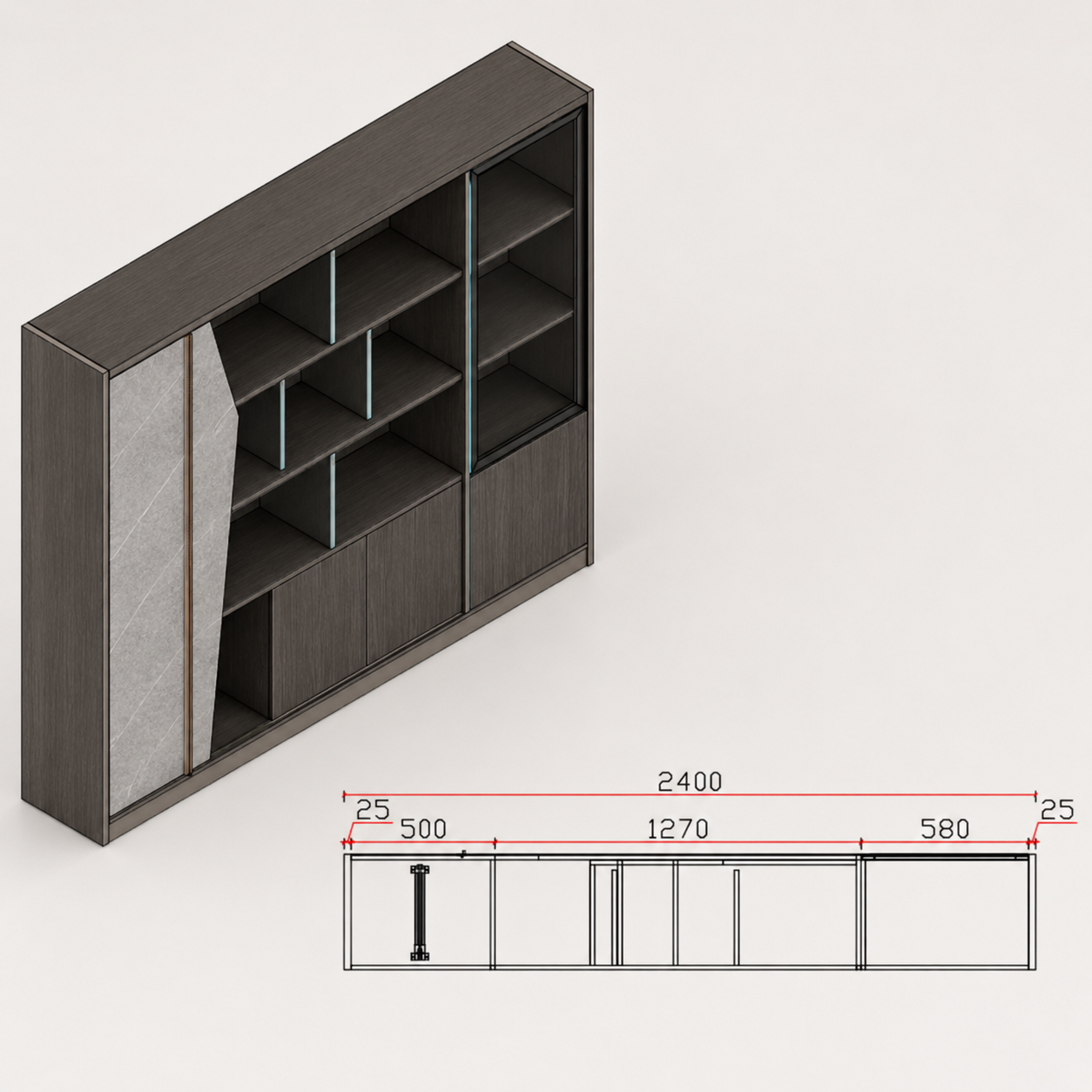 Contemporary storage cabinet featuring open shelves, closed storage units, and elegant display sections for organized office essentials, décor, books, and accessories.