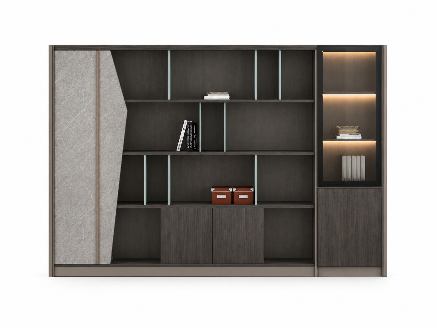 Contemporary storage cabinet featuring open shelves, closed storage units, and elegant display sections for organized office essentials, décor, books, and accessories.