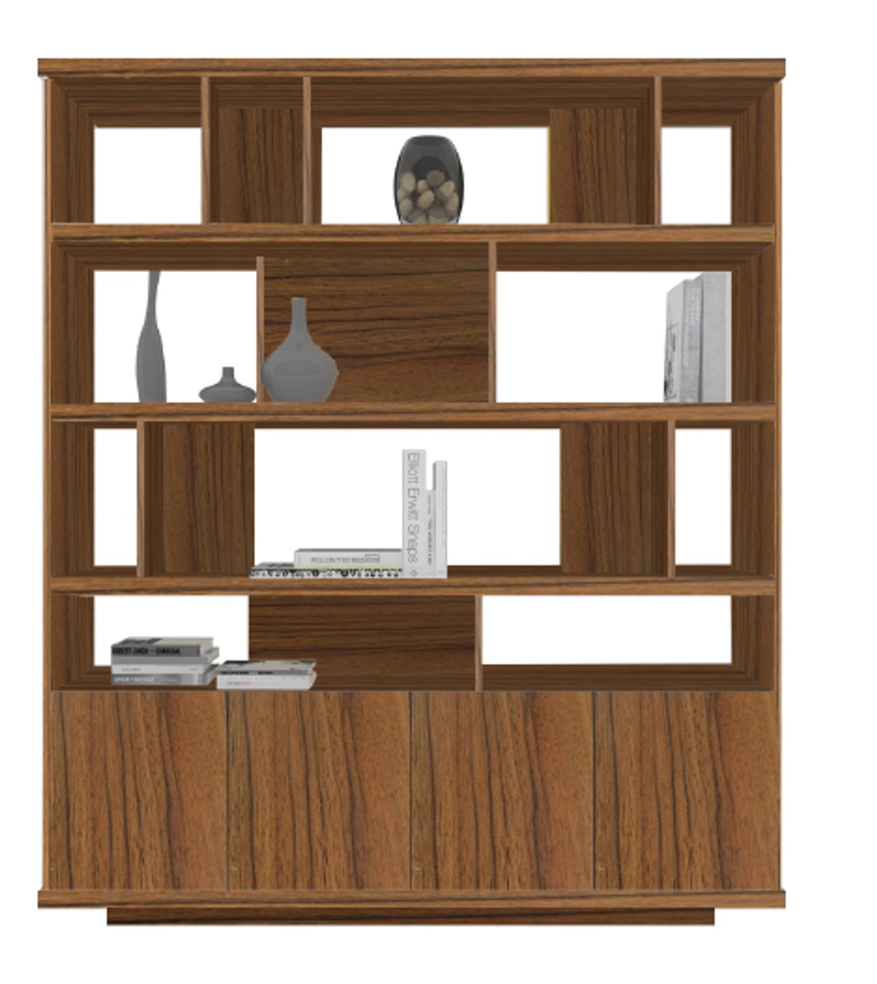 Bookshelf featuring spacious shelving and concealed lower storage cabinets for organizing books, décor pieces, files, and decorative accessories.