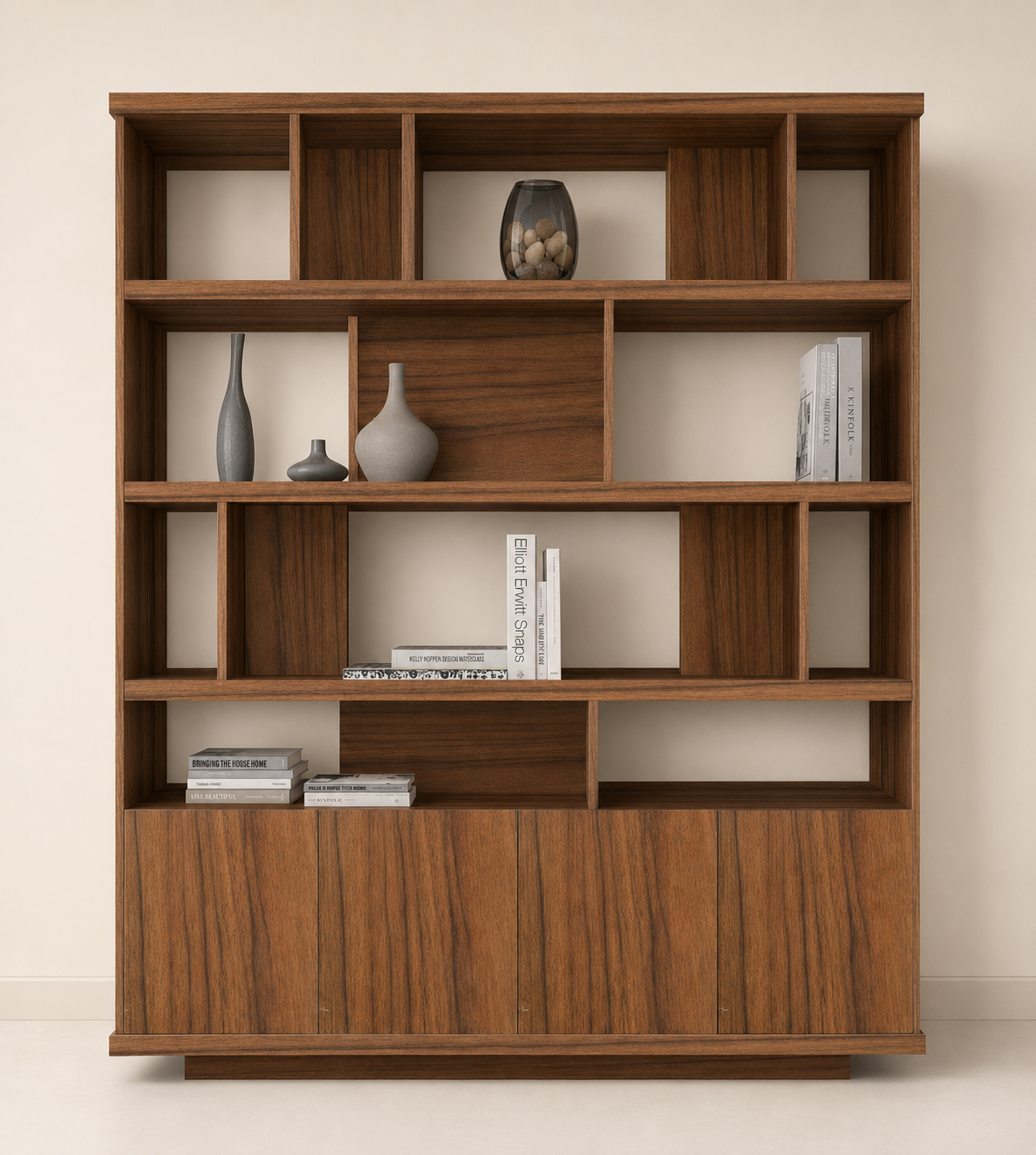 Bookshelf featuring spacious shelving and concealed lower storage cabinets for organizing books, décor pieces, files, and decorative accessories.