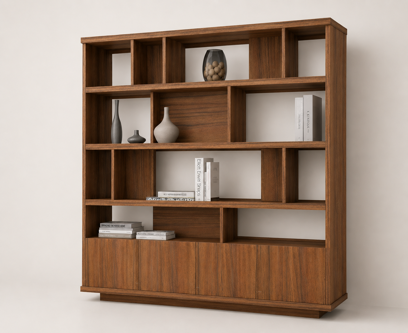 Bookshelf featuring spacious shelving and concealed lower storage cabinets for organizing books, décor pieces, files, and decorative accessories.