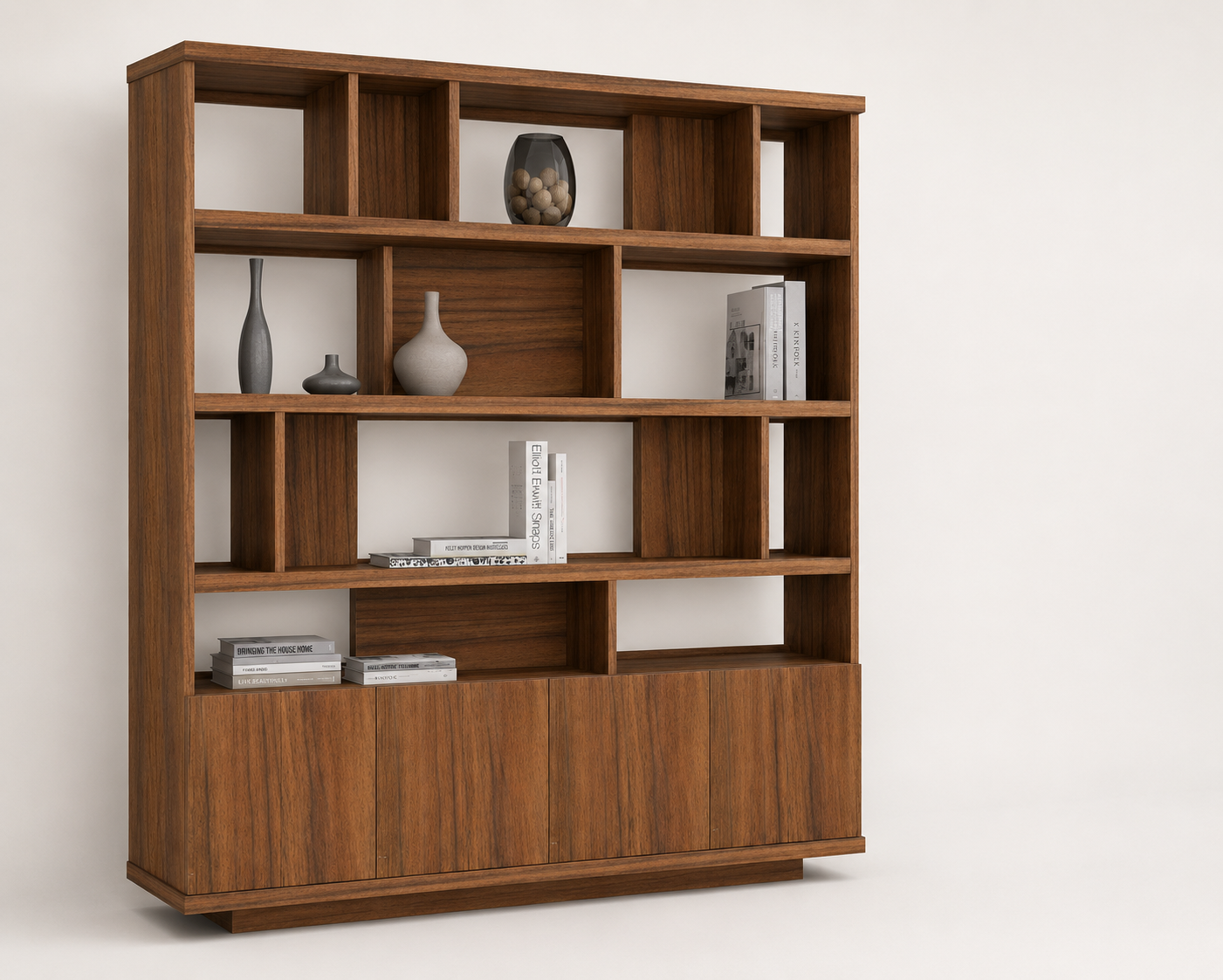 Bookshelf featuring spacious shelving and concealed lower storage cabinets for organizing books, décor pieces, files, and decorative accessories.