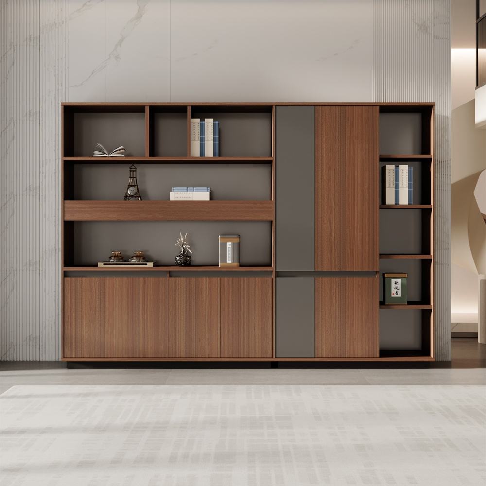 Contemporary storage cabinet crafted with open shelving, sleek closed cabinets, and rich wood textures to enhance office spaces