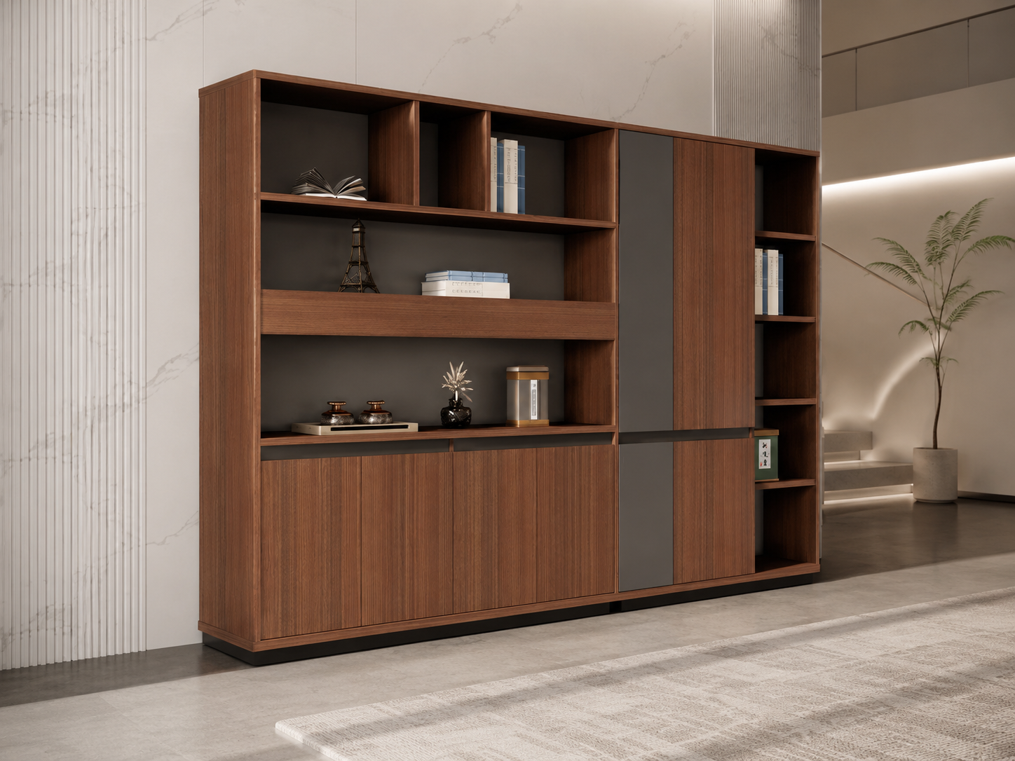 Contemporary storage cabinet crafted with open shelving, sleek closed cabinets, and rich wood textures to enhance office spaces