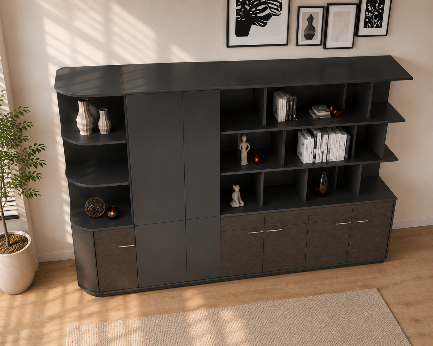 Premium modern storage unit designed with open shelving, concealed cabinets, and sleek contemporary styling for organized office, lounge, or display storage.
