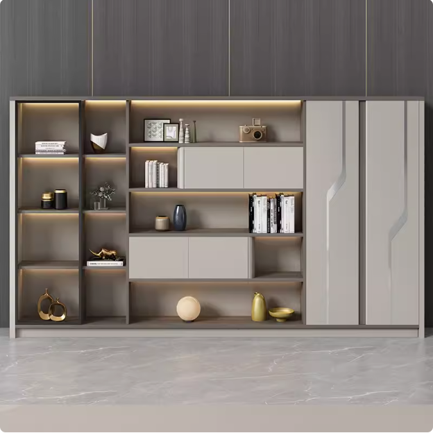 Sophisticated multifunction cabinet designed with open display sections, concealed storage compartments