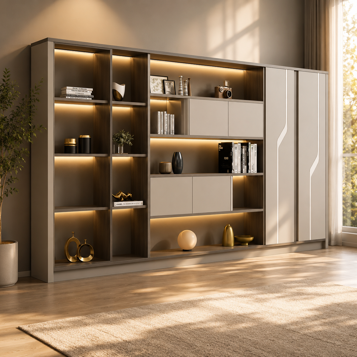 Sophisticated multifunction cabinet designed with open display sections, concealed storage compartments