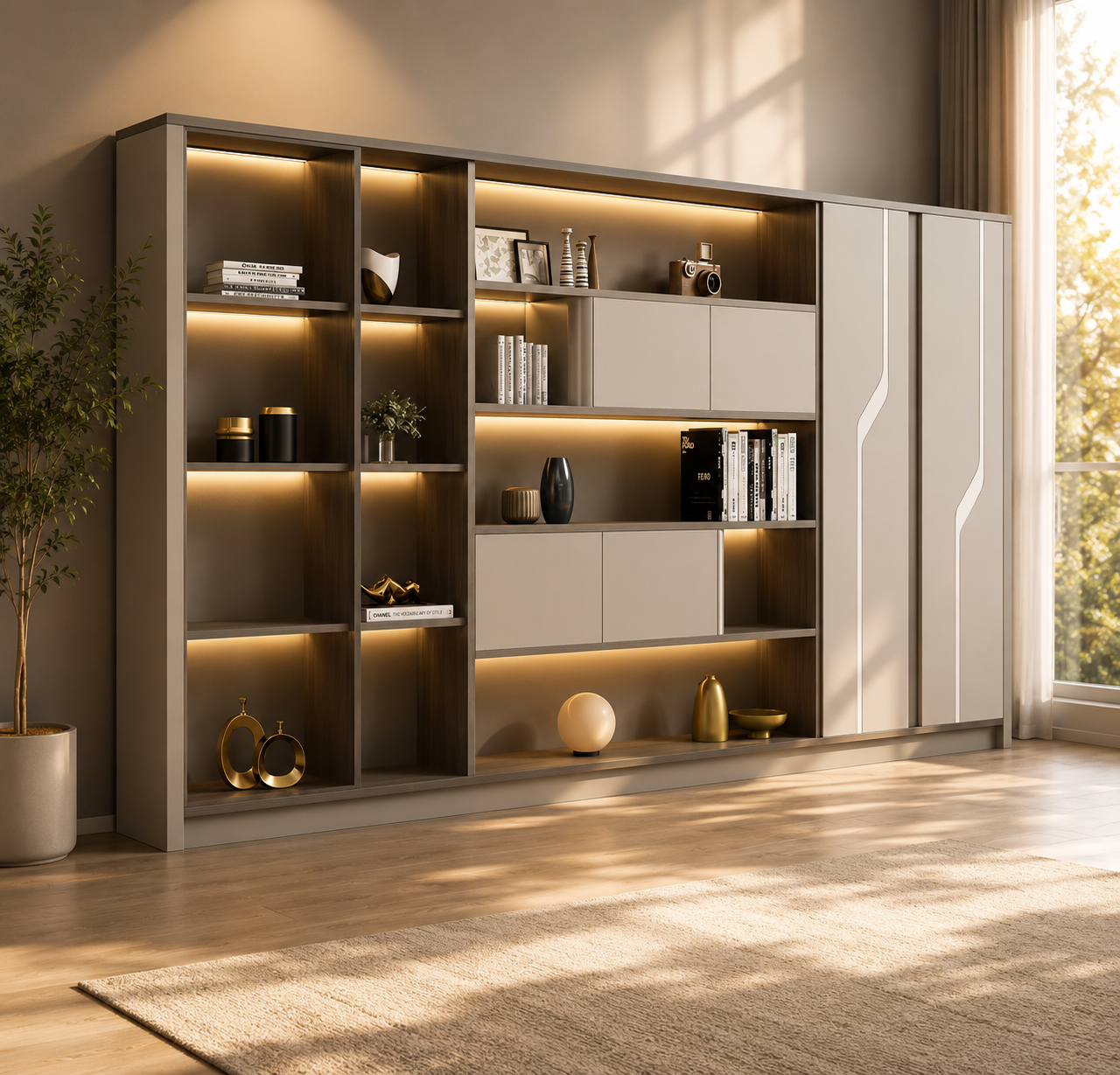 Sophisticated multifunction cabinet designed with open display sections, concealed storage compartments